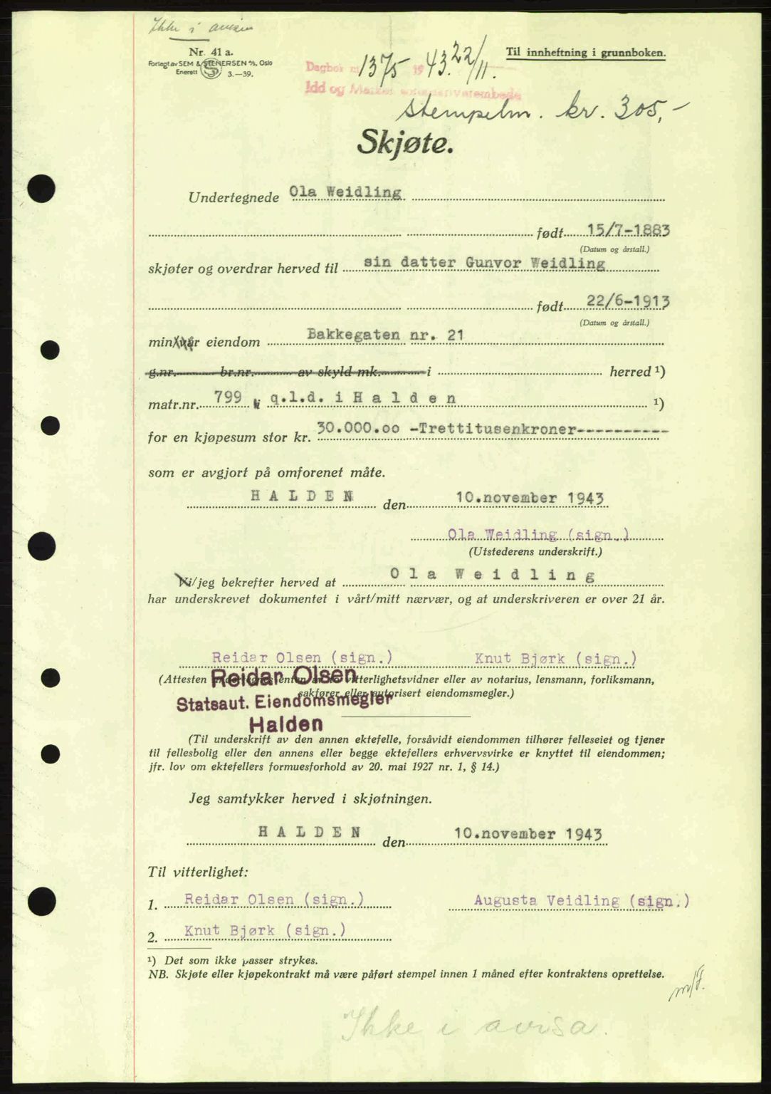 Idd og Marker sorenskriveri, AV/SAO-A-10283/G/Gb/Gbb/L0006: Mortgage book no. A6, 1943-1944, Diary no: : 1374/1943