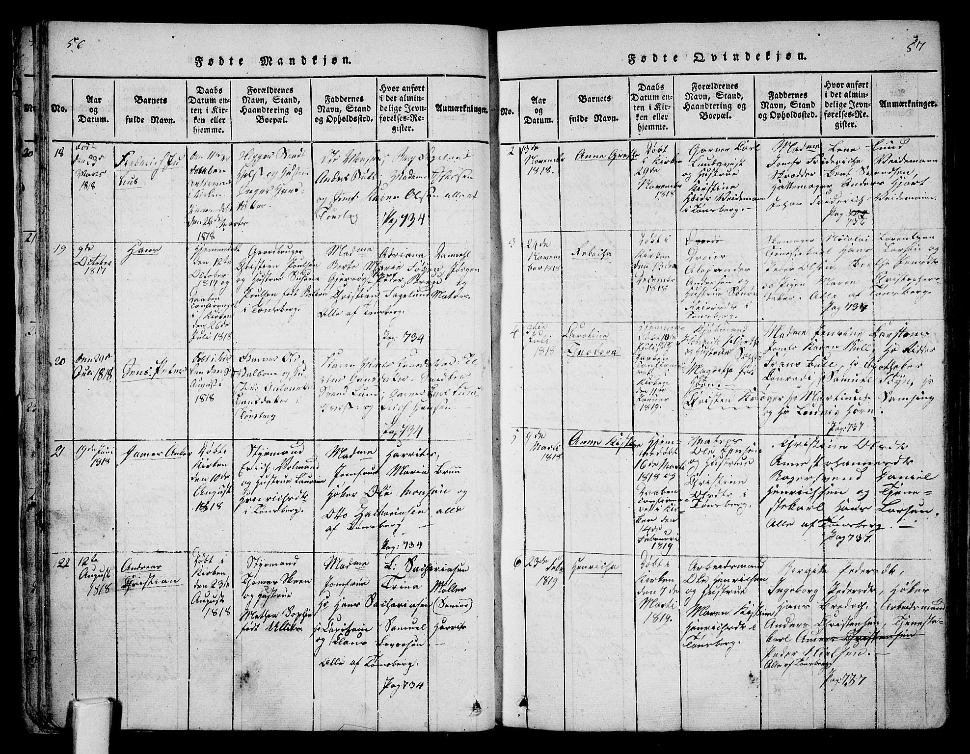 Tønsberg kirkebøker, AV/SAKO-A-330/F/Fa/L0004: Parish register (official) no. I 4, 1813-1826, p. 56-57