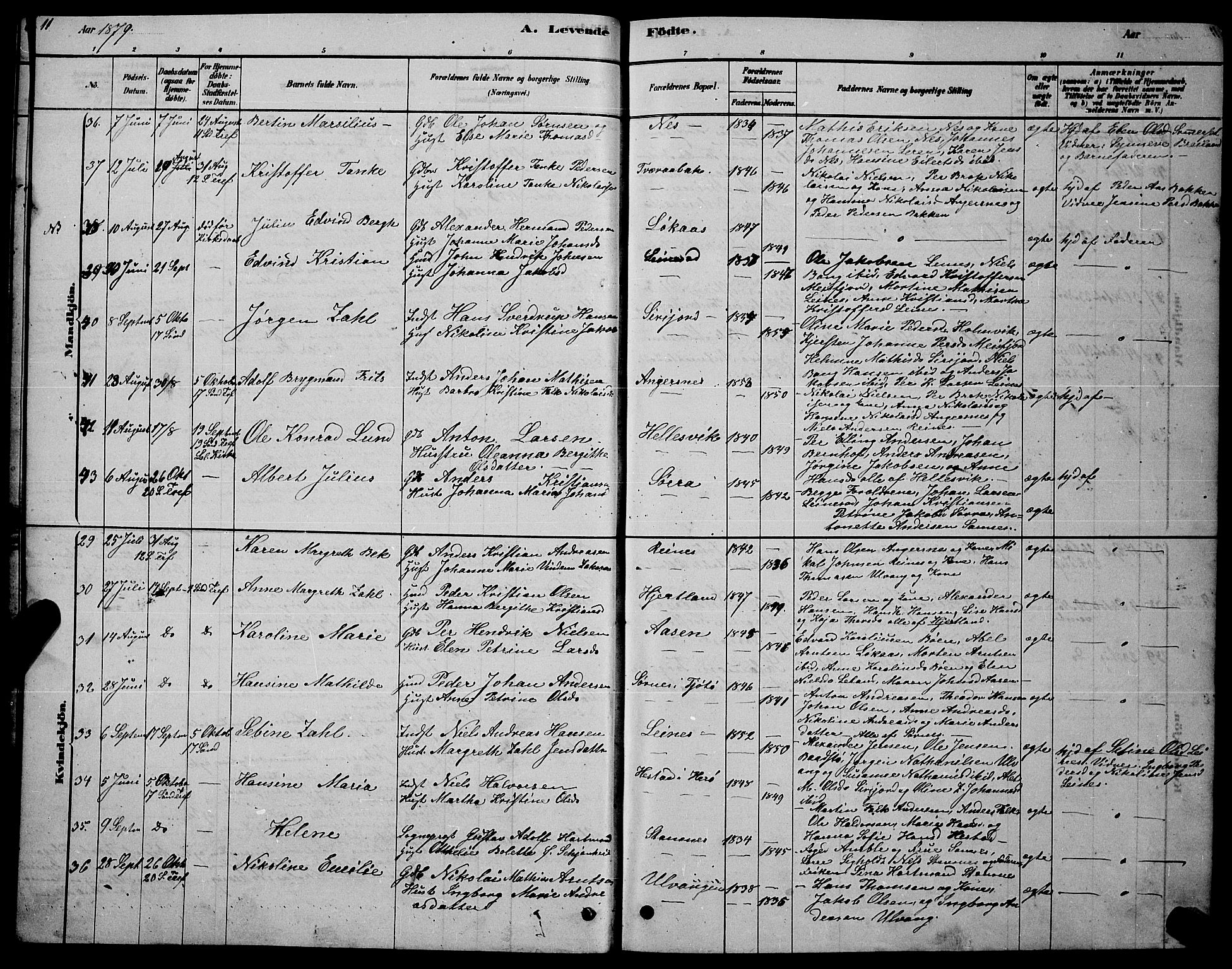 Ministerialprotokoller, klokkerbøker og fødselsregistre - Nordland, AV/SAT-A-1459/831/L0477: Parish register (copy) no. 831C04, 1878-1897, p. 11