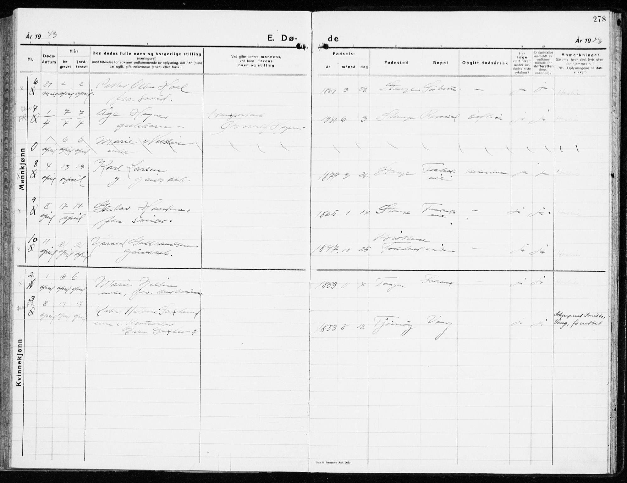 Stange prestekontor, AV/SAH-PREST-002/K/L0027: Parish register (official) no. 27, 1937-1947, p. 278