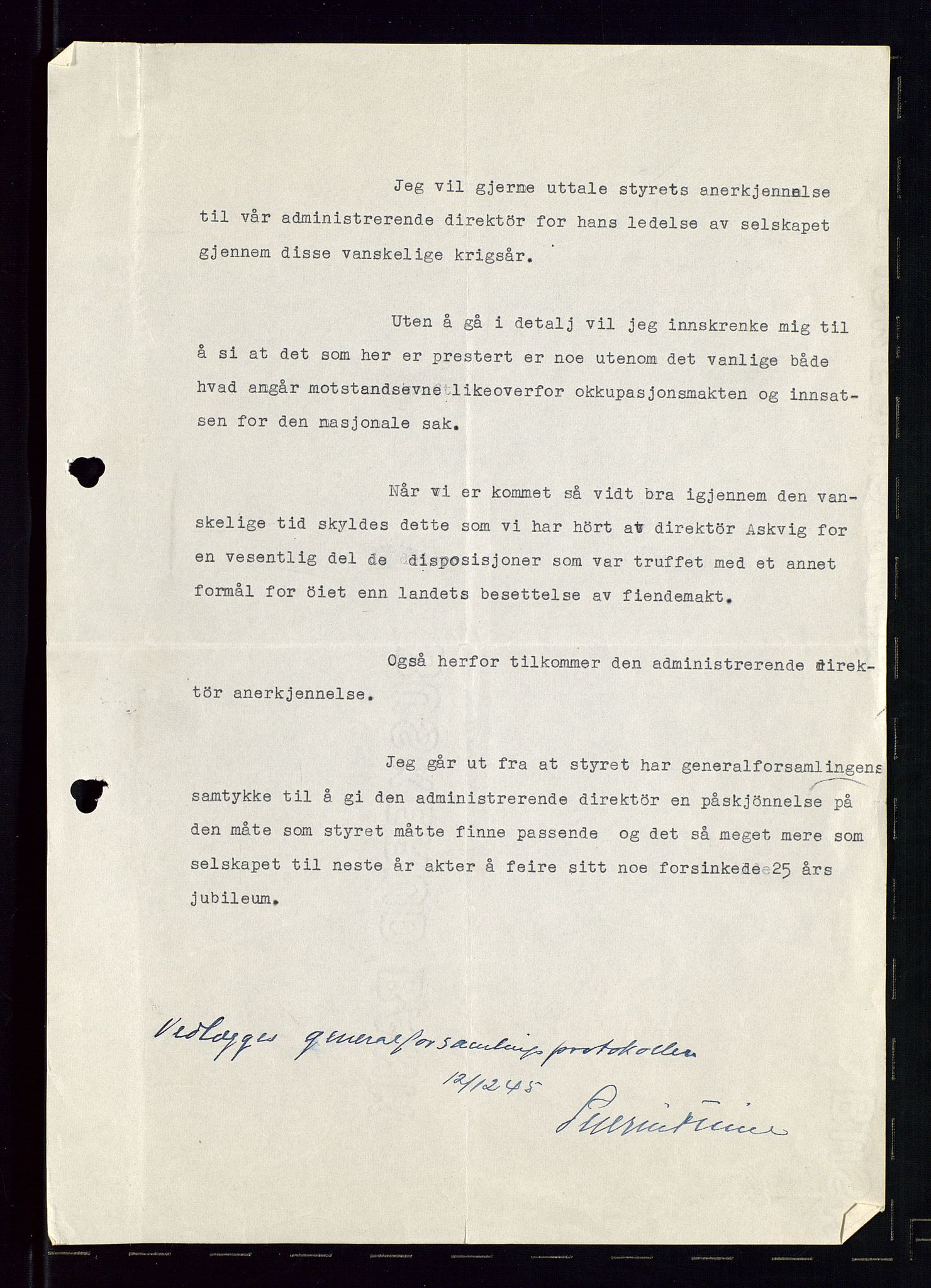 PA 1544 - Norsk Brændselolje A/S, AV/SAST-A-101965/1/A/Aa/L0004/0002: Generalforsamling / Generalforsam,ing 1945, 1946, 1945-1946, p. 5