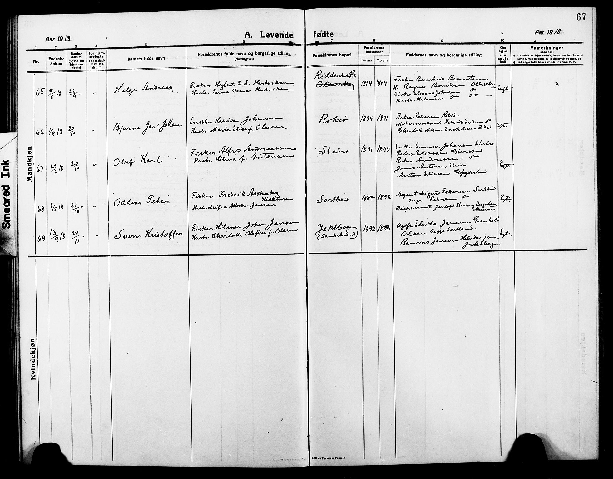 Ministerialprotokoller, klokkerbøker og fødselsregistre - Nordland, AV/SAT-A-1459/895/L1383: Parish register (copy) no. 895C05, 1913-1922, p. 67