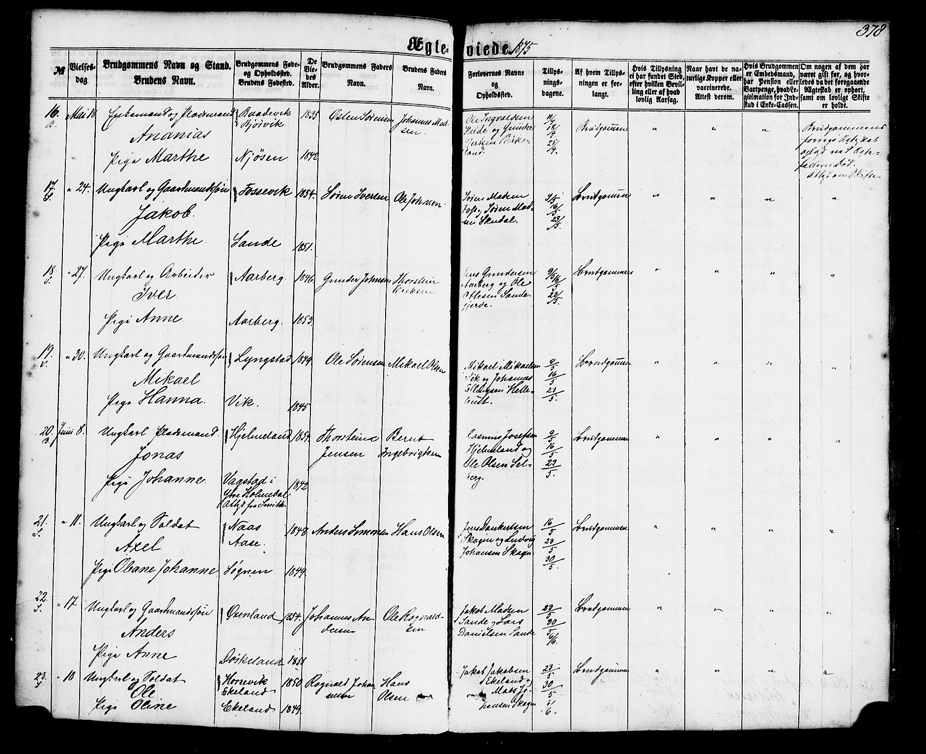 Gaular sokneprestembete, SAB/A-80001/H/Haa: Parish register (official) no. A 5, 1860-1881, p. 378