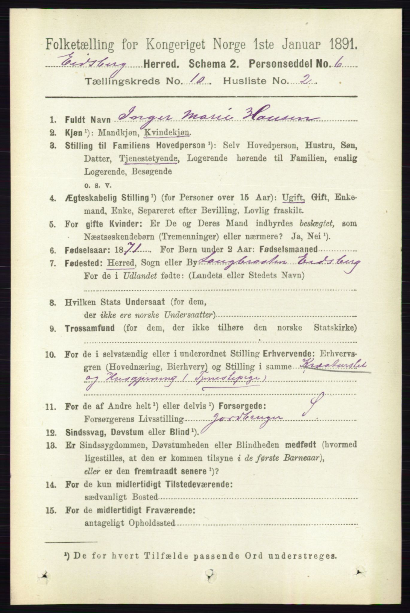 RA, 1891 census for 0125 Eidsberg, 1891, p. 5678