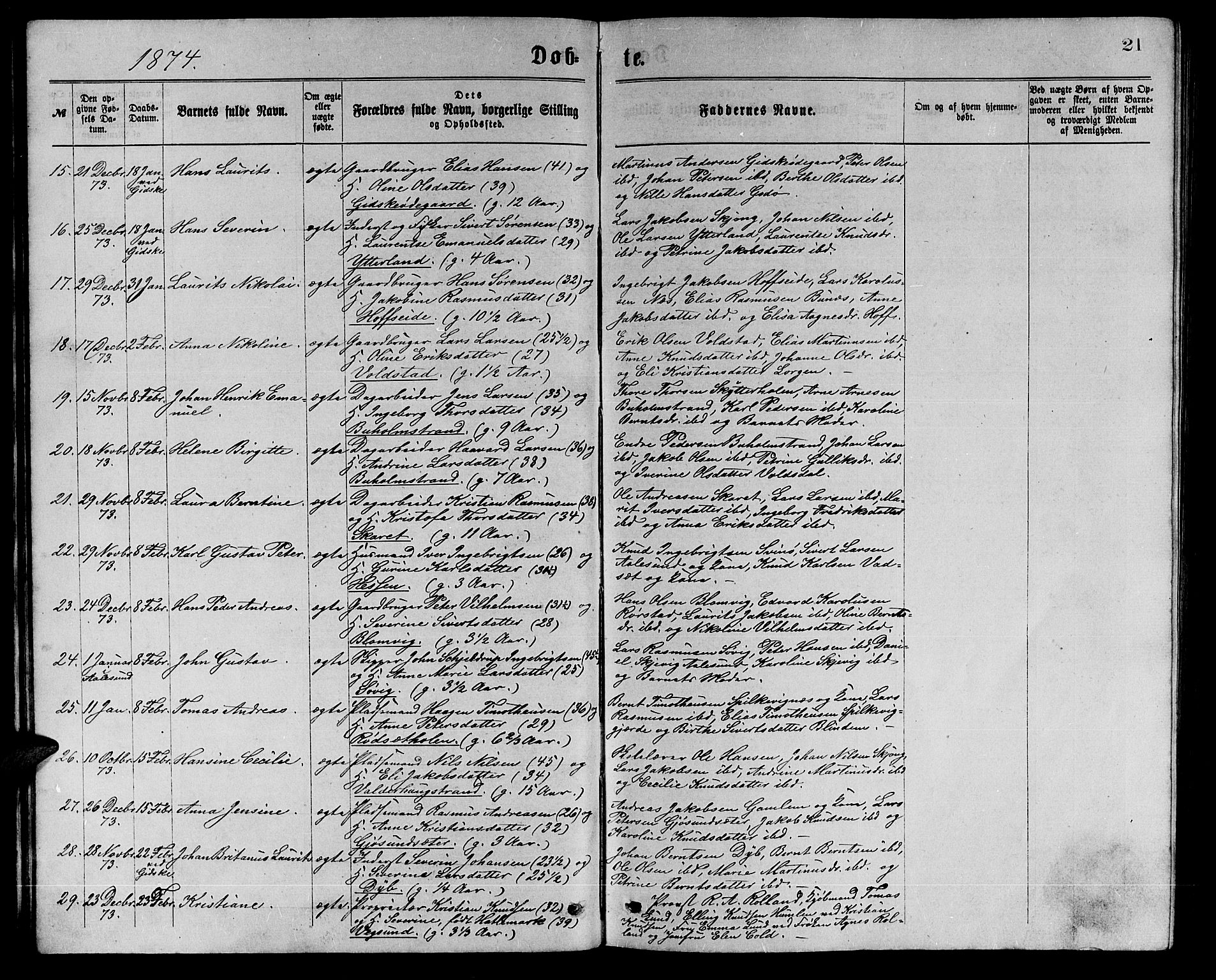 Ministerialprotokoller, klokkerbøker og fødselsregistre - Møre og Romsdal, AV/SAT-A-1454/528/L0429: Parish register (copy) no. 528C10, 1872-1886, p. 21