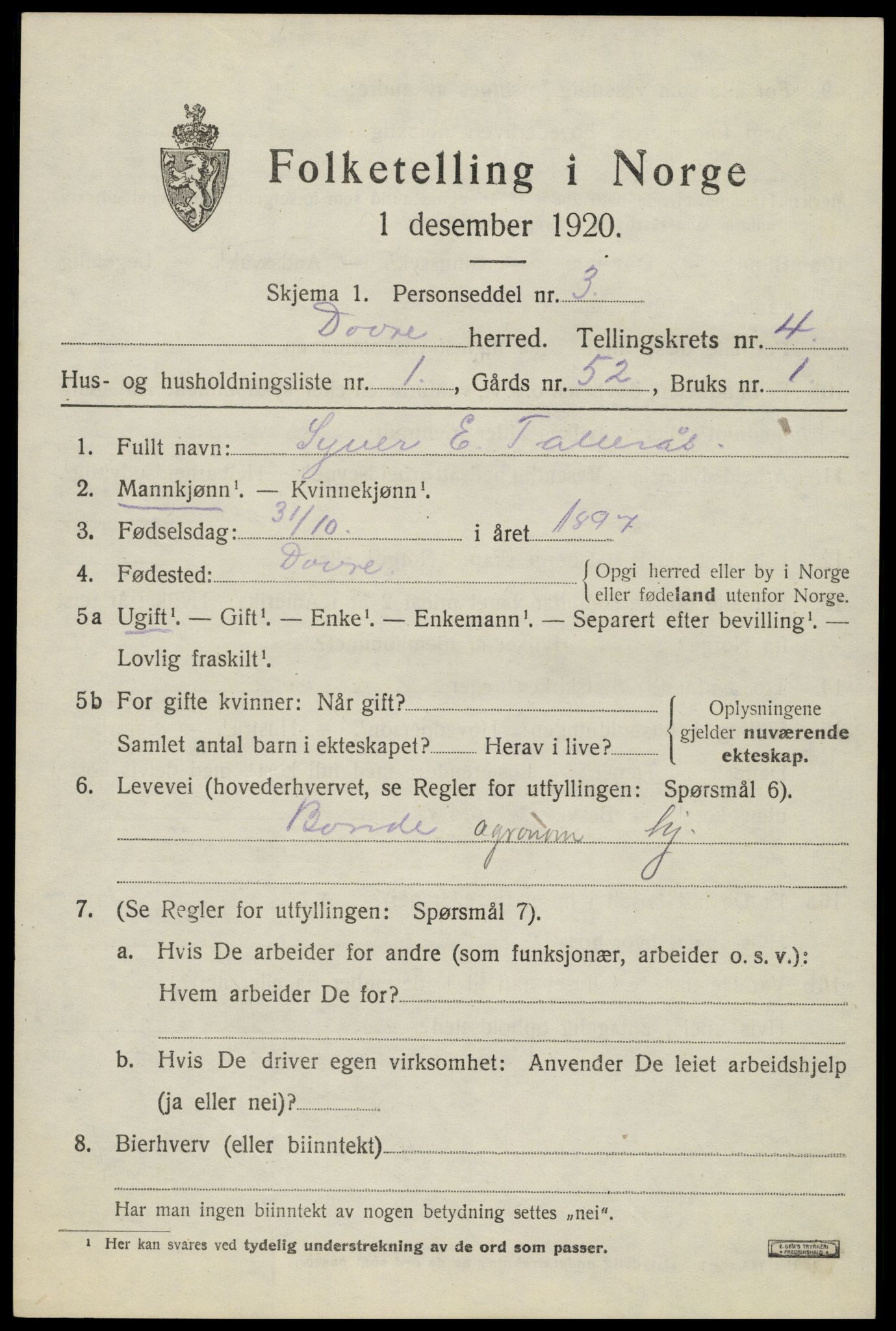 SAH, 1920 census for Dovre, 1920, p. 4546