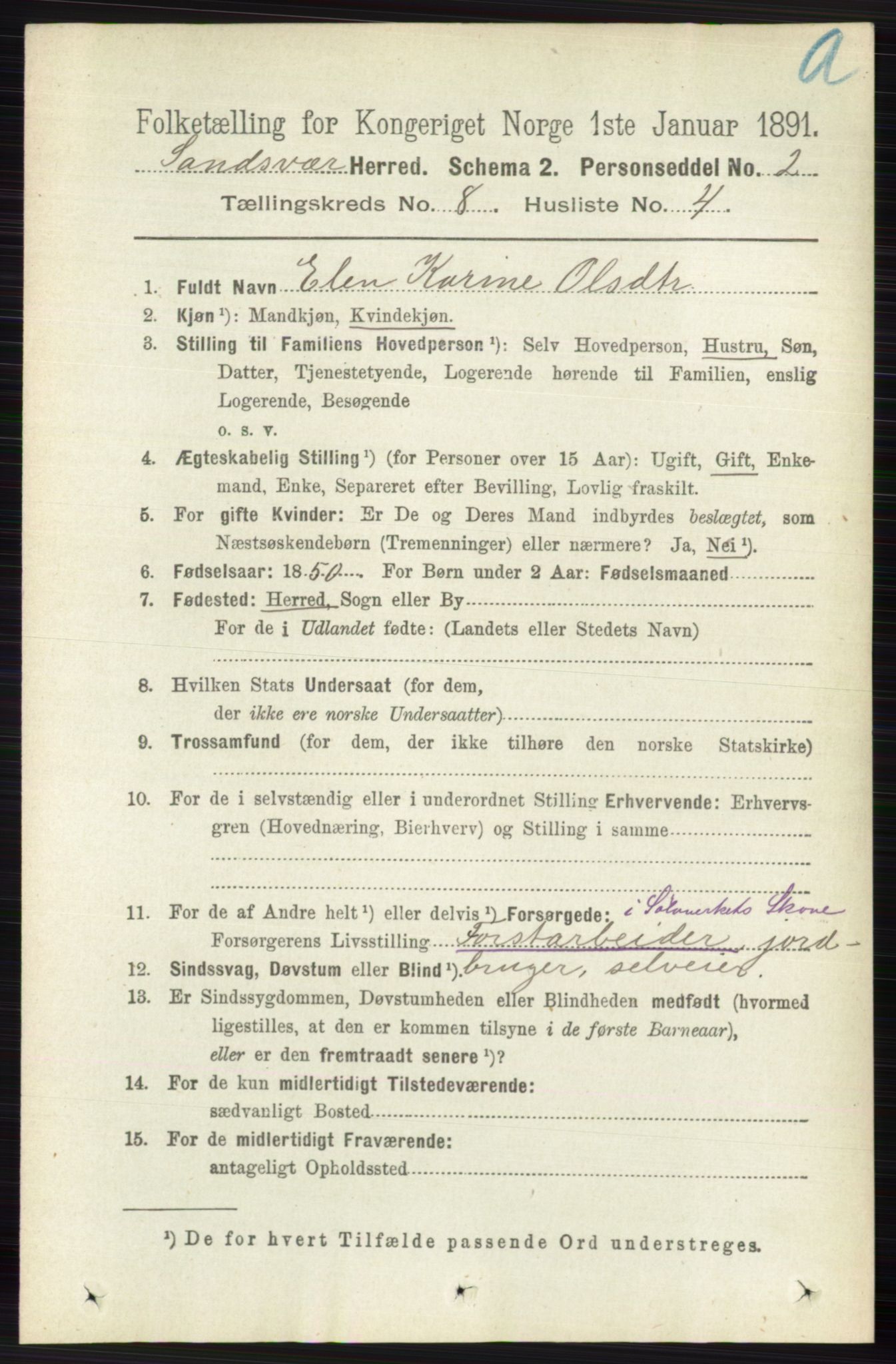 RA, 1891 census for 0629 Sandsvær, 1891, p. 4304