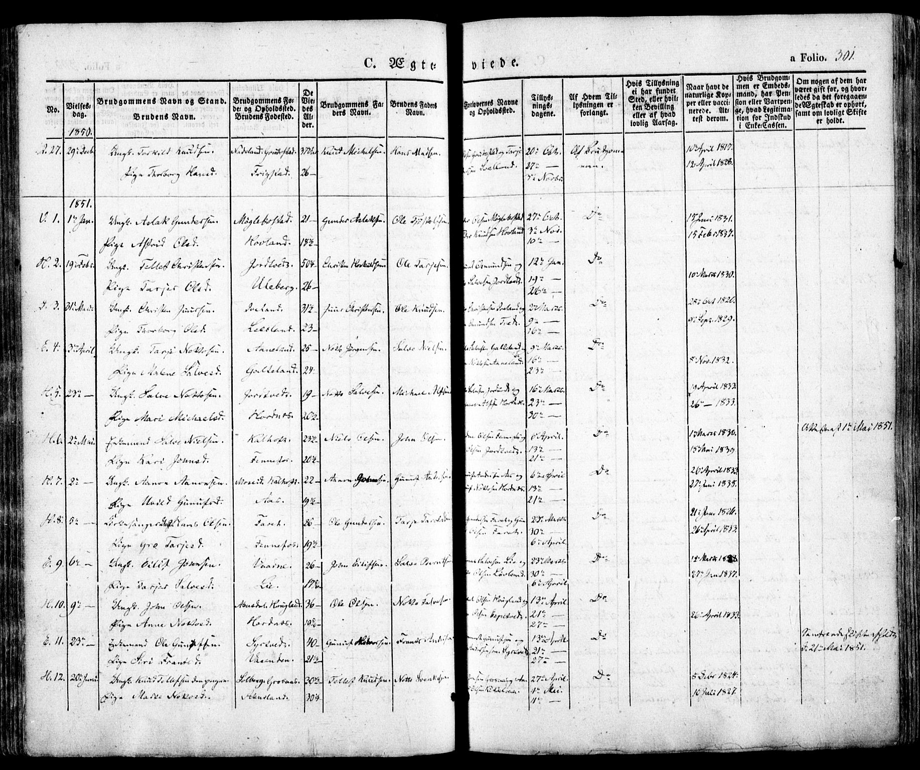 Evje sokneprestkontor, SAK/1111-0008/F/Fa/Faa/L0005: Parish register (official) no. A 5, 1843-1865, p. 301