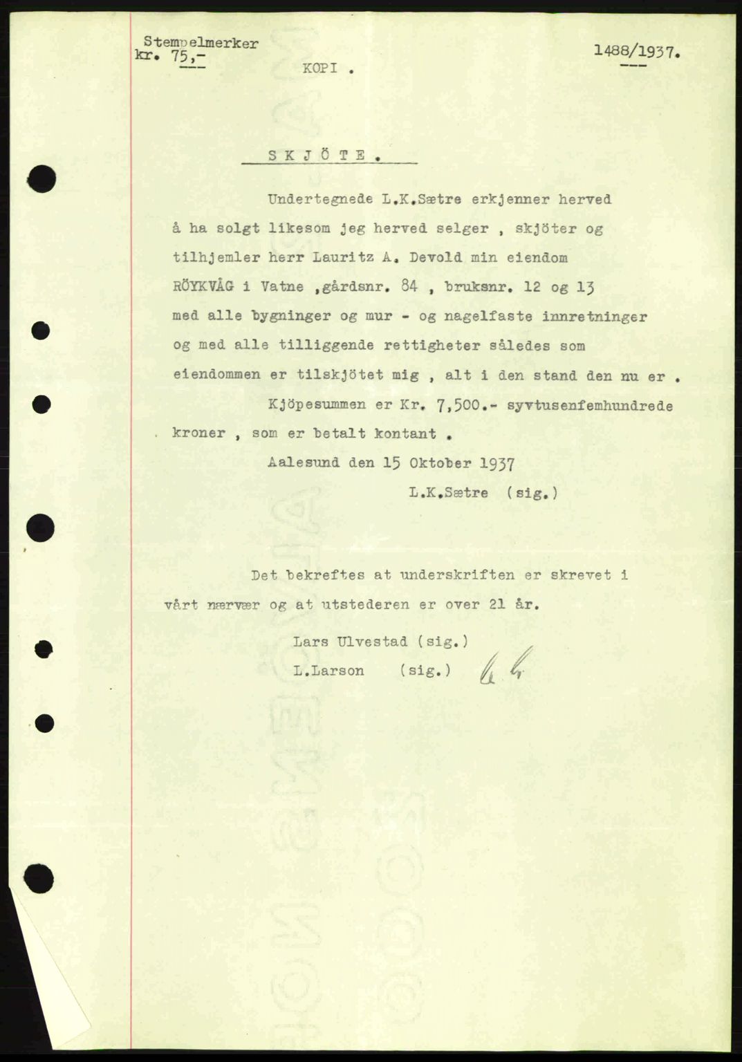 Nordre Sunnmøre sorenskriveri, AV/SAT-A-0006/1/2/2C/2Ca: Mortgage book no. A3, 1937-1937, Diary no: : 1488/1937