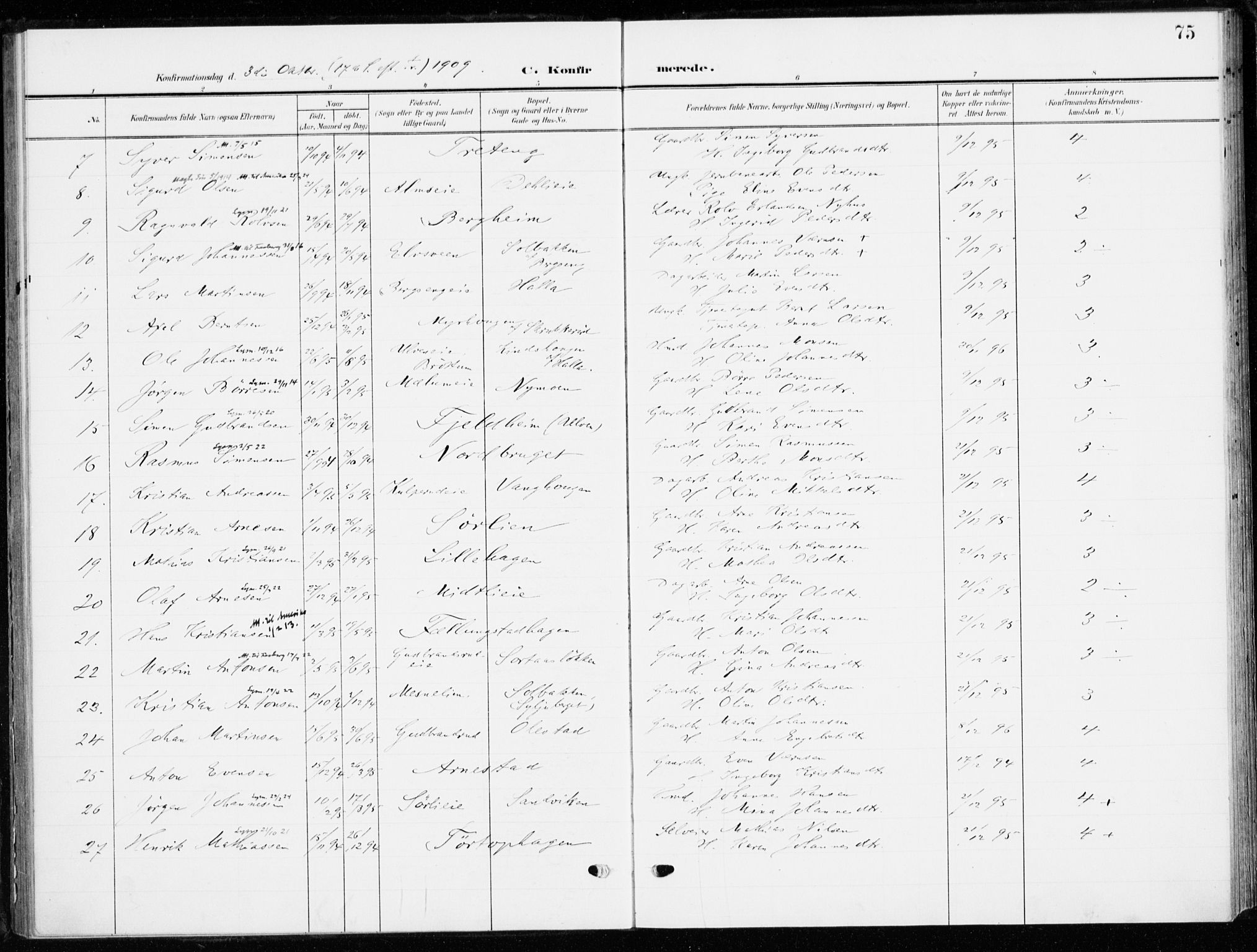 Ringsaker prestekontor, SAH/PREST-014/K/Ka/L0021: Parish register (official) no. 21, 1905-1920, p. 75