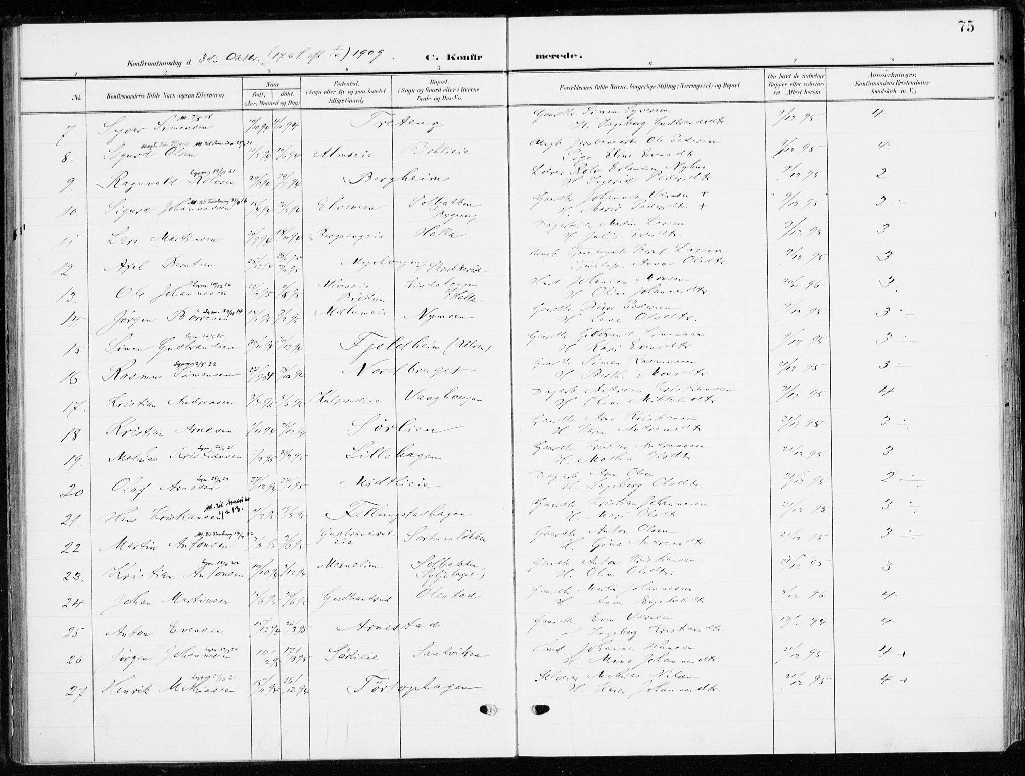 Ringsaker prestekontor, AV/SAH-PREST-014/K/Ka/L0021: Parish register (official) no. 21, 1905-1920, p. 75