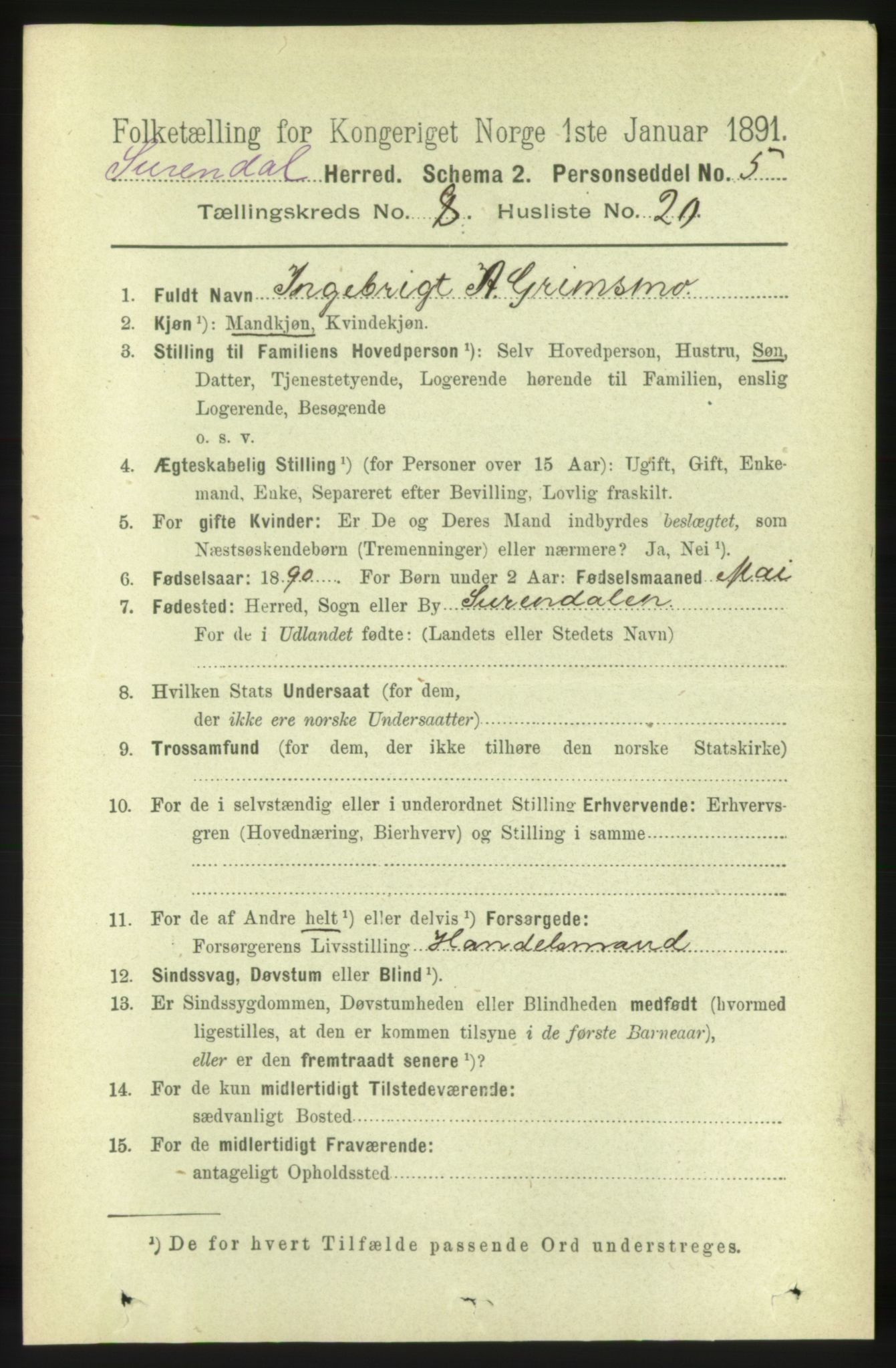 RA, 1891 census for 1566 Surnadal, 1891, p. 2189