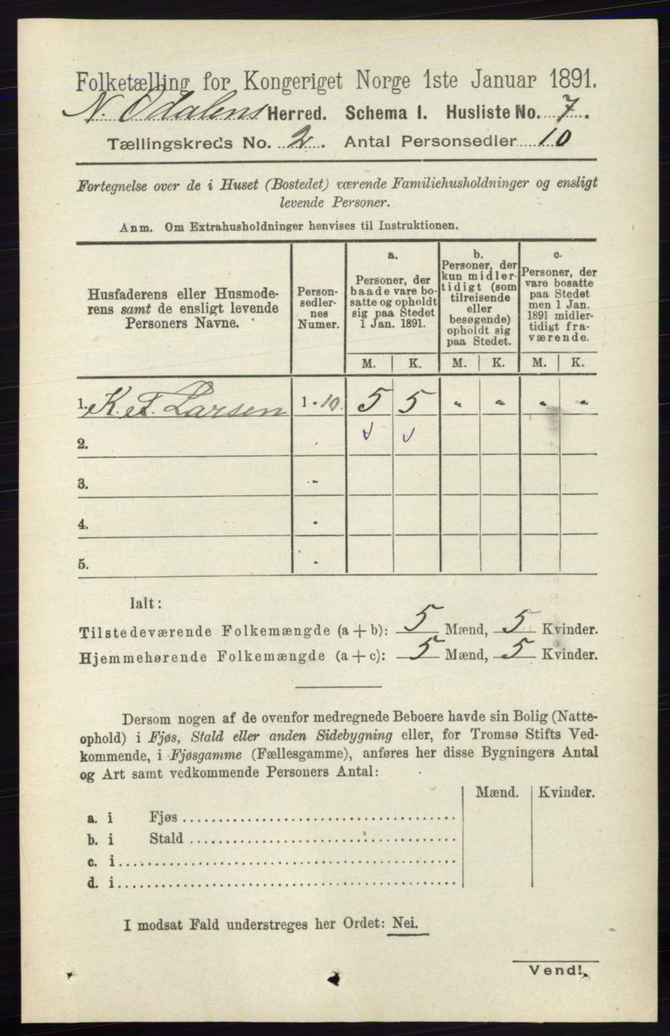 RA, 1891 census for 0418 Nord-Odal, 1891, p. 385