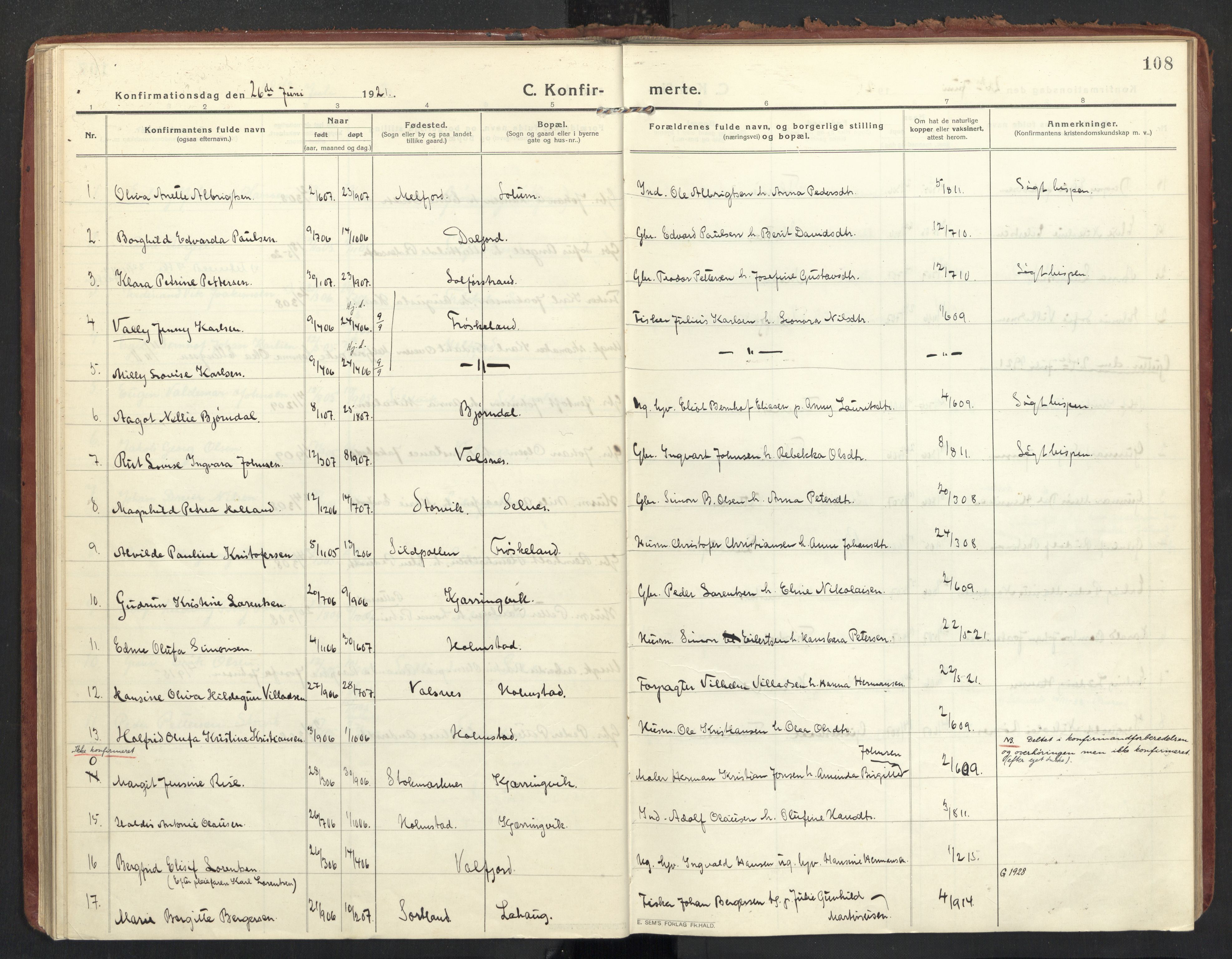 Ministerialprotokoller, klokkerbøker og fødselsregistre - Nordland, SAT/A-1459/890/L1288: Parish register (official) no. 890A03, 1915-1925, p. 108
