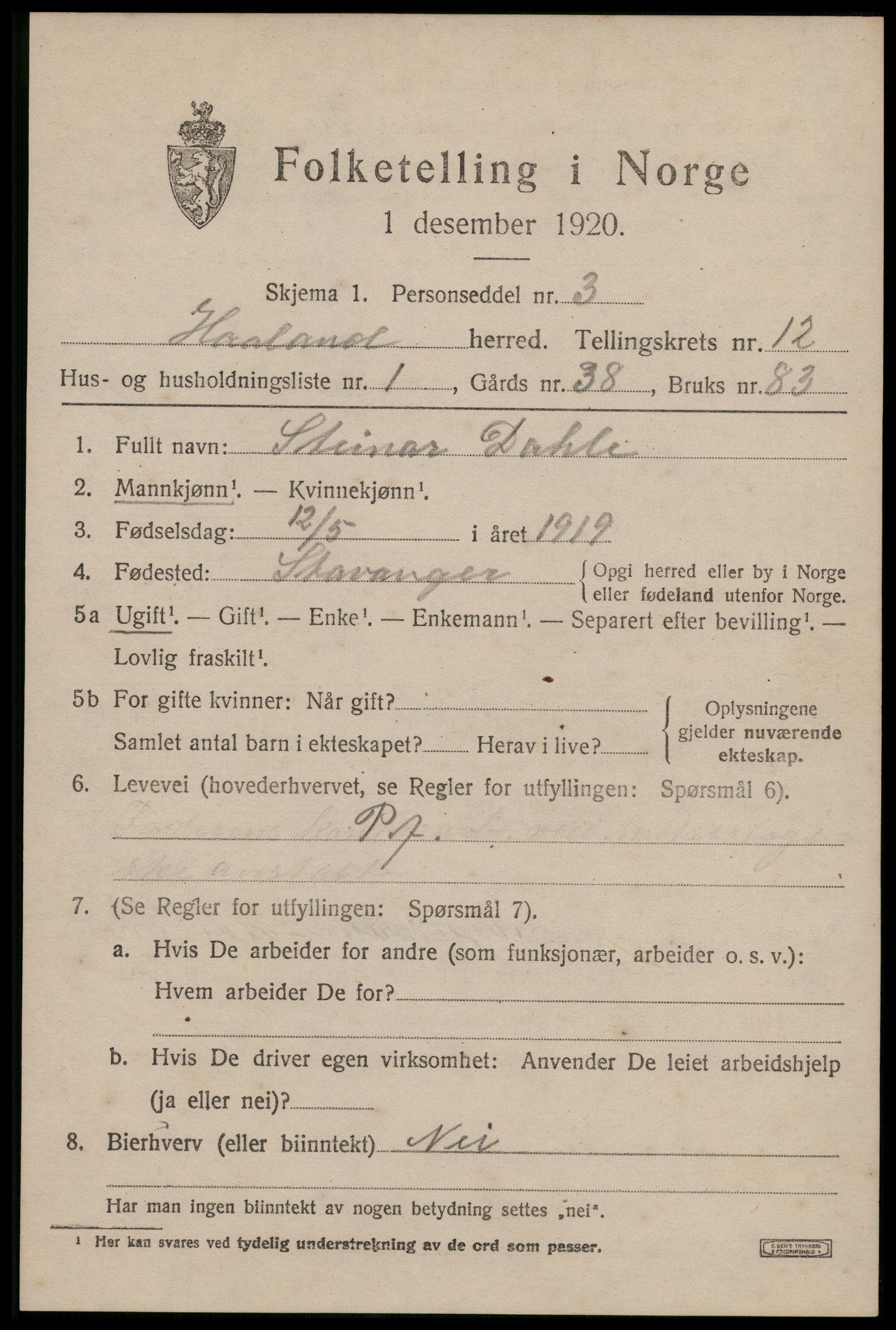 SAST, 1920 census for Håland, 1920, p. 8769