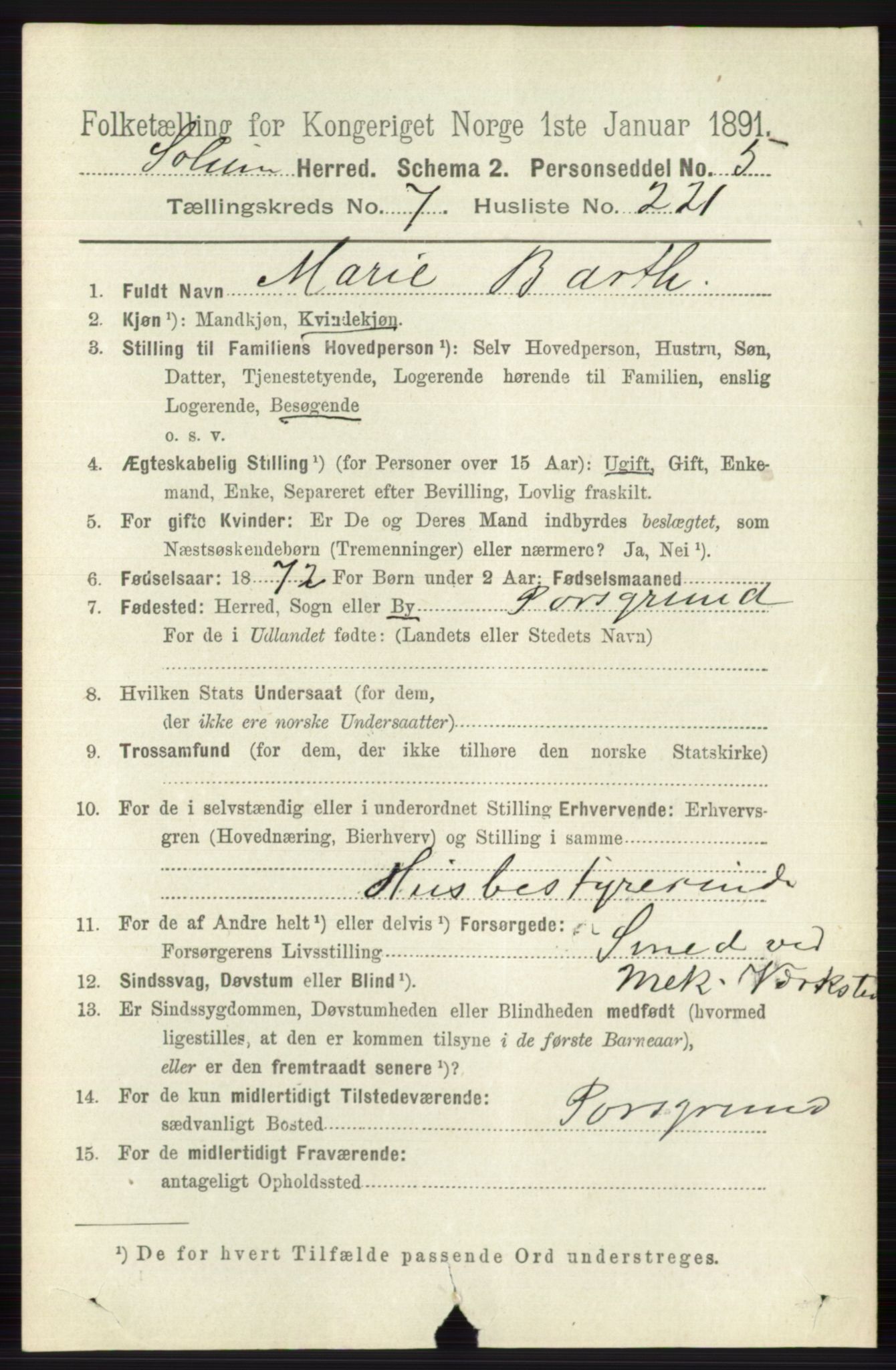 RA, 1891 census for 0818 Solum, 1891, p. 4021