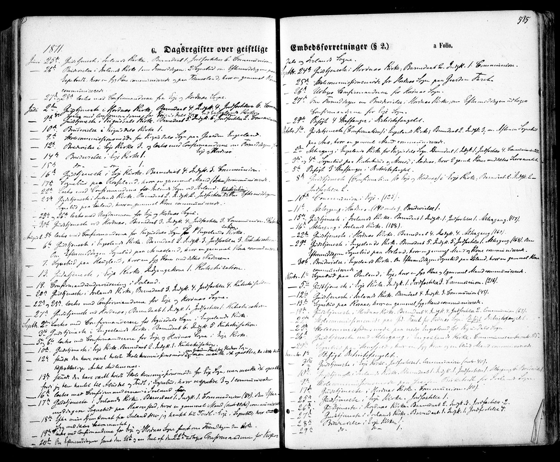 Evje sokneprestkontor, AV/SAK-1111-0008/F/Fa/Faa/L0006: Parish register (official) no. A 6, 1866-1884, p. 585