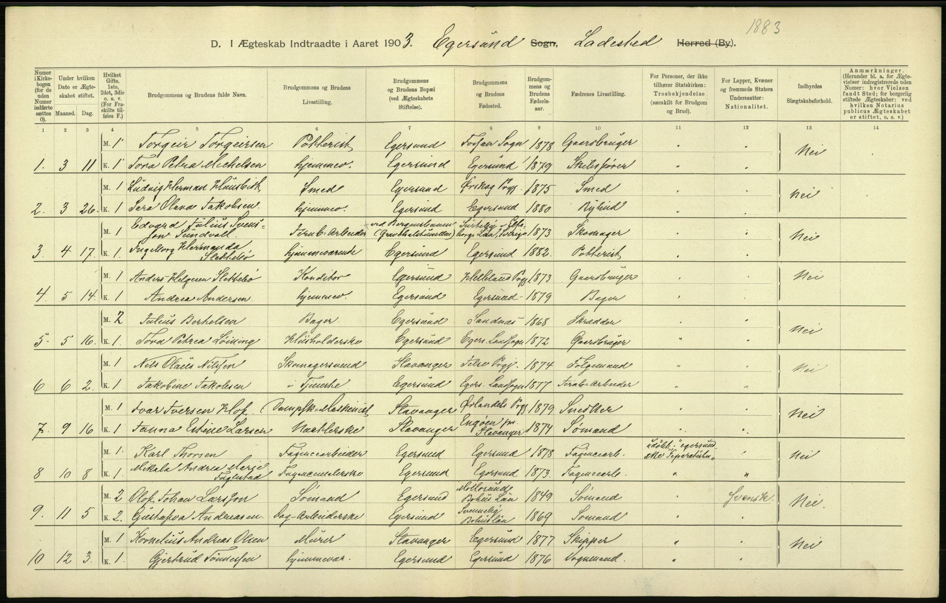 Statistisk sentralbyrå, Sosiodemografiske emner, Befolkning, AV/RA-S-2228/D/Df/Dfa/Dfaa/L0012: Stavanger amt: Fødte, gifte, døde, 1903, p. 584