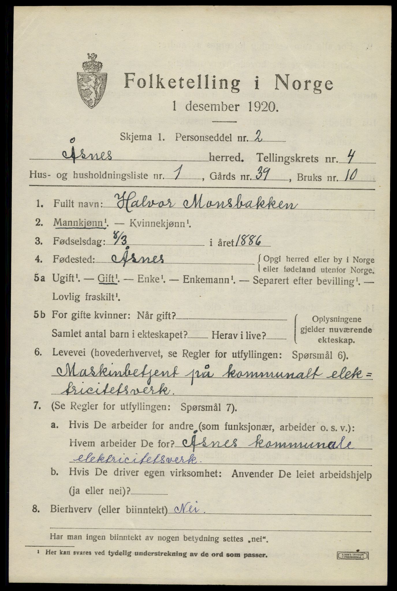 SAH, 1920 census for Åsnes, 1920, p. 4778