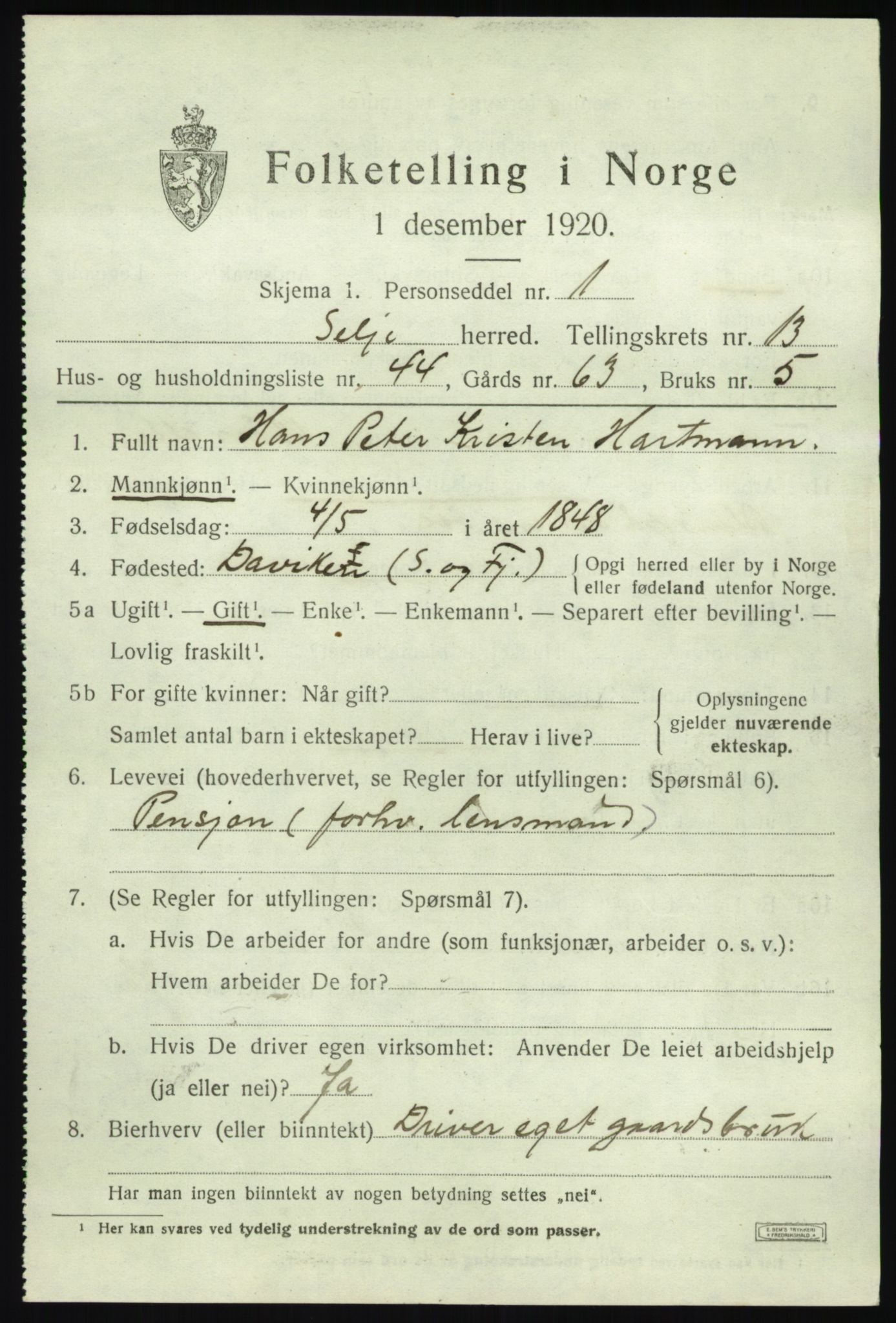 SAB, 1920 census for Selje, 1920, p. 6157