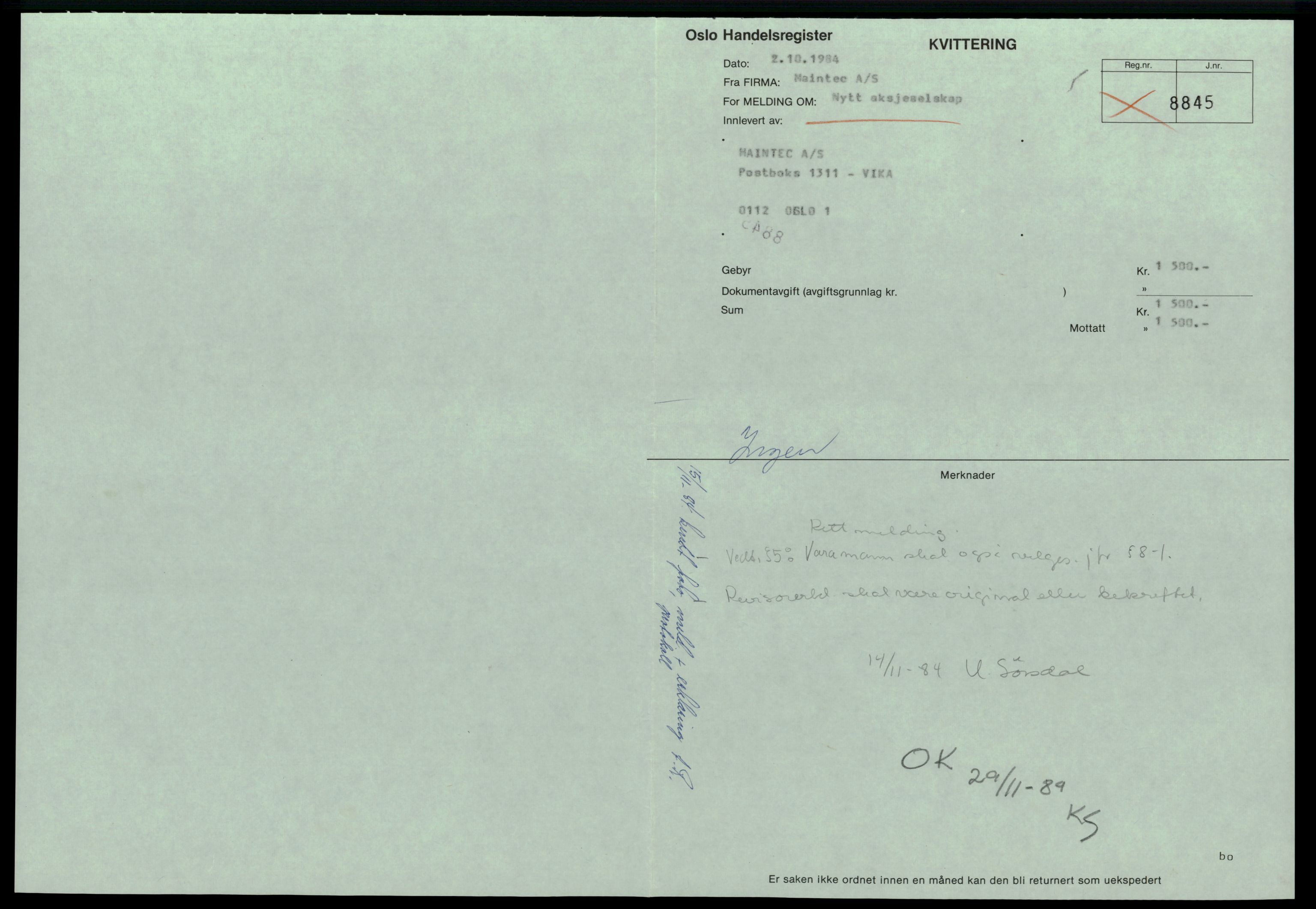 Oslo byfogd, Handelsregisteret, SAT/A-10867/G/Gc/Gca/L0492: Ikke konverterte foretak, Mai-Majorstuv. 25, 1890-1990, p. 1