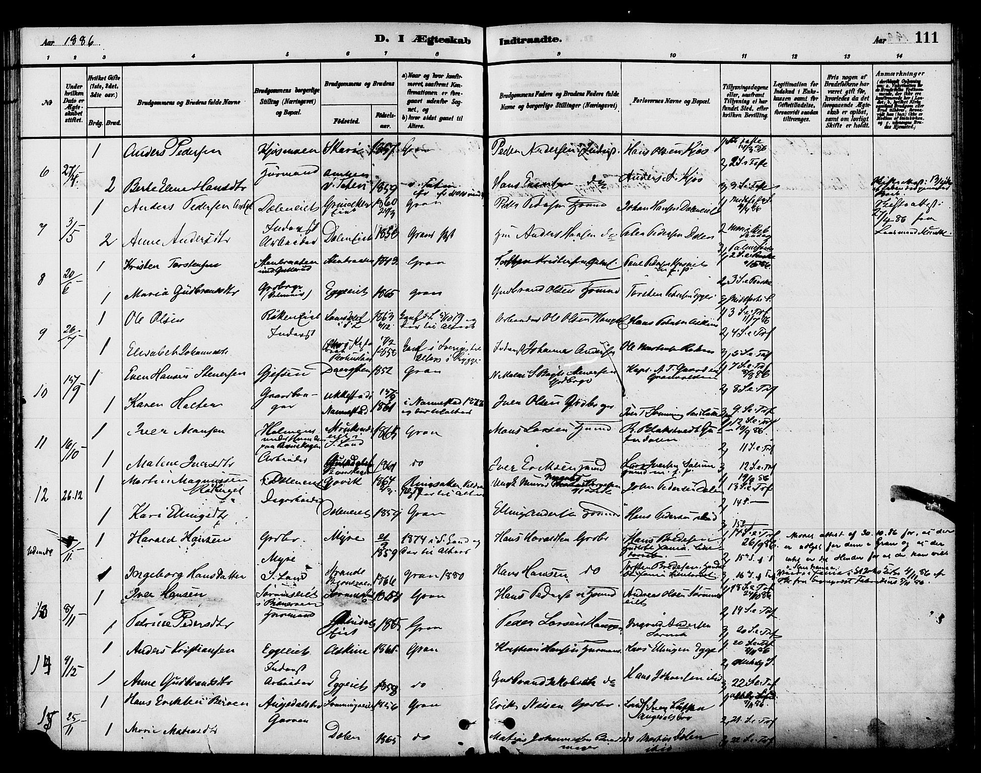 Gran prestekontor, SAH/PREST-112/H/Ha/Haa/L0015: Parish register (official) no. 15, 1880-1888, p. 111