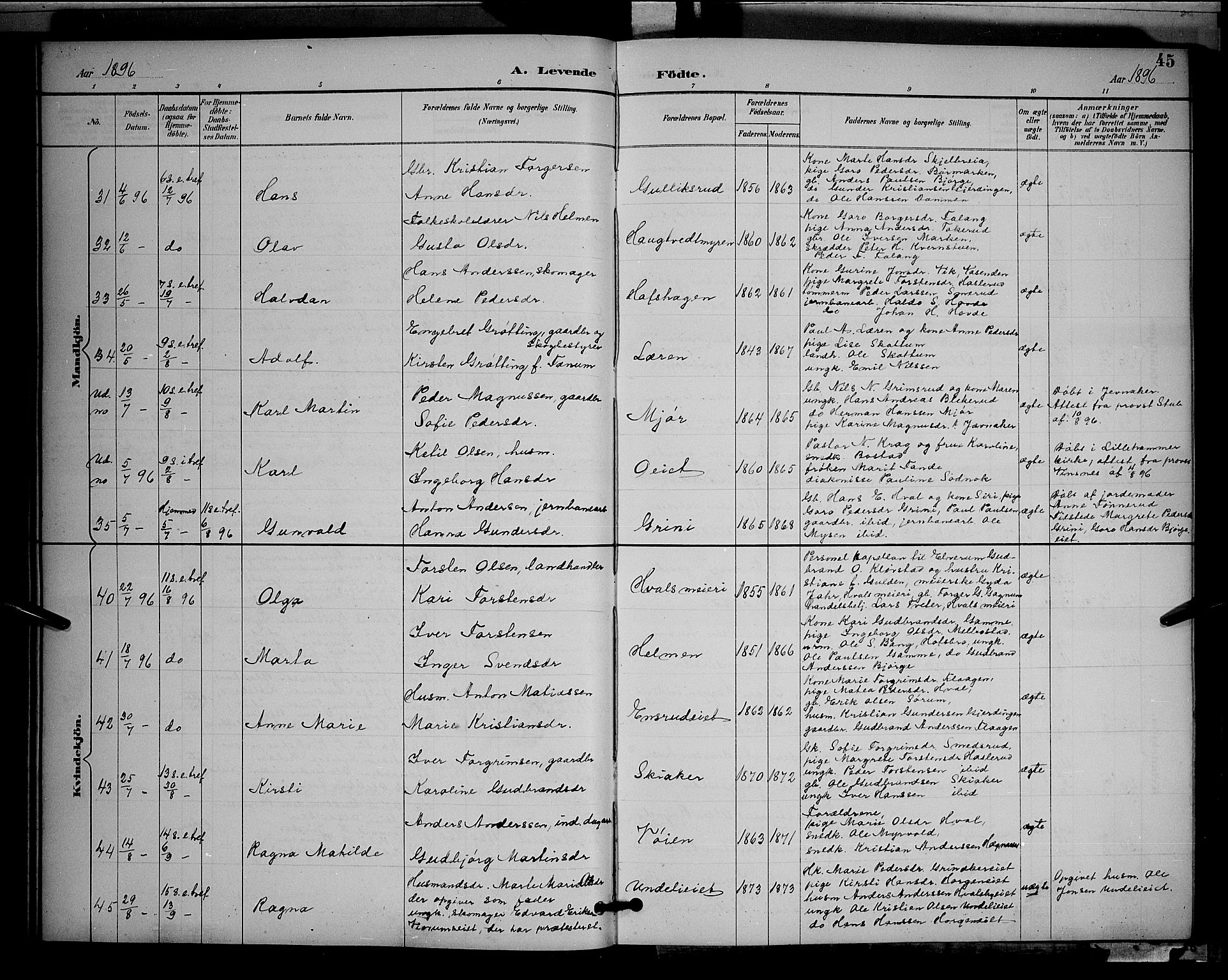 Gran prestekontor, AV/SAH-PREST-112/H/Ha/Hab/L0005: Parish register (copy) no. 5, 1892-1900, p. 45