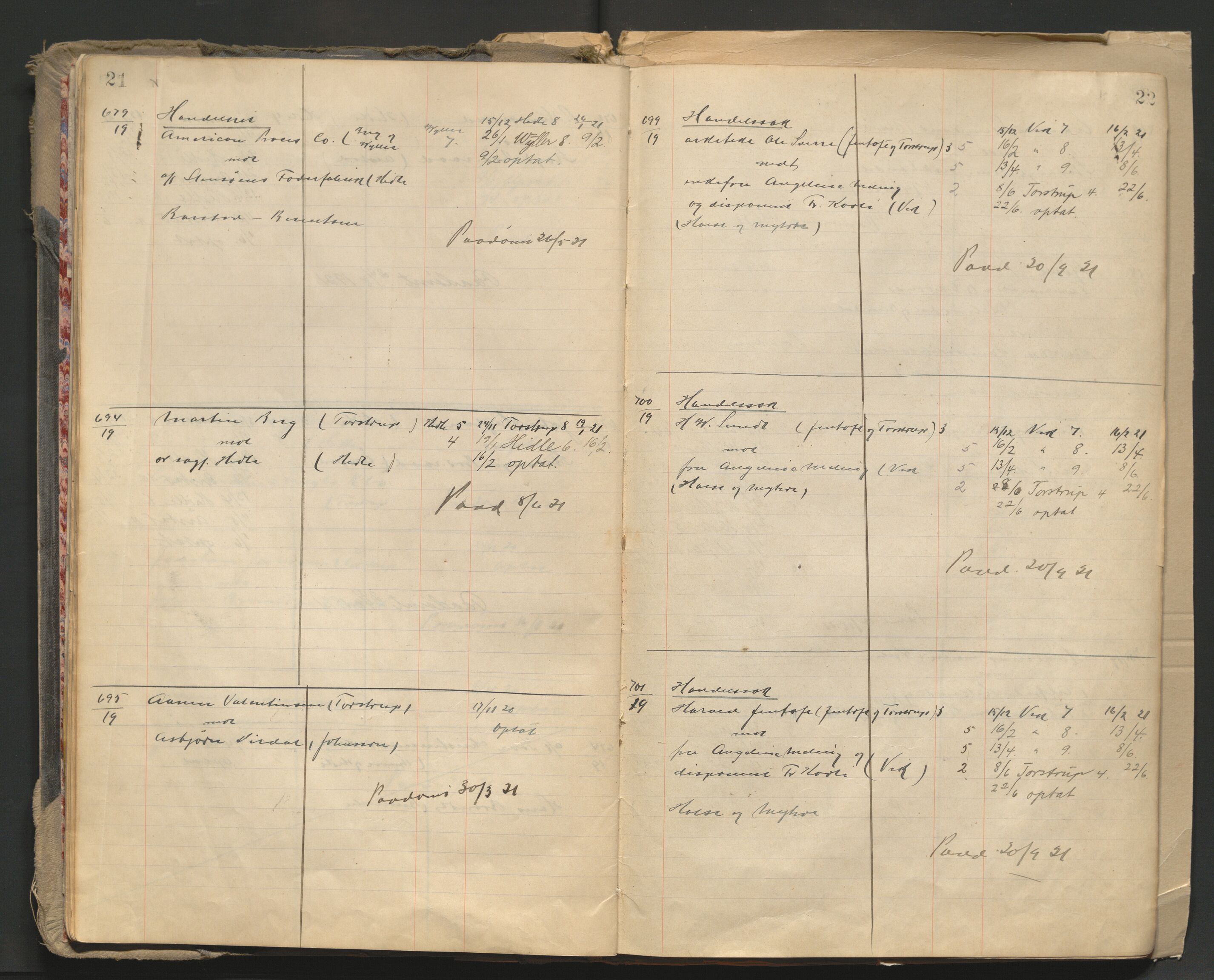 Stavanger byfogd, AV/SAST-A-101408/001/3/32/32A/L0006: Saksliste for Stavanger byting, 1912-1920, p. 21-22