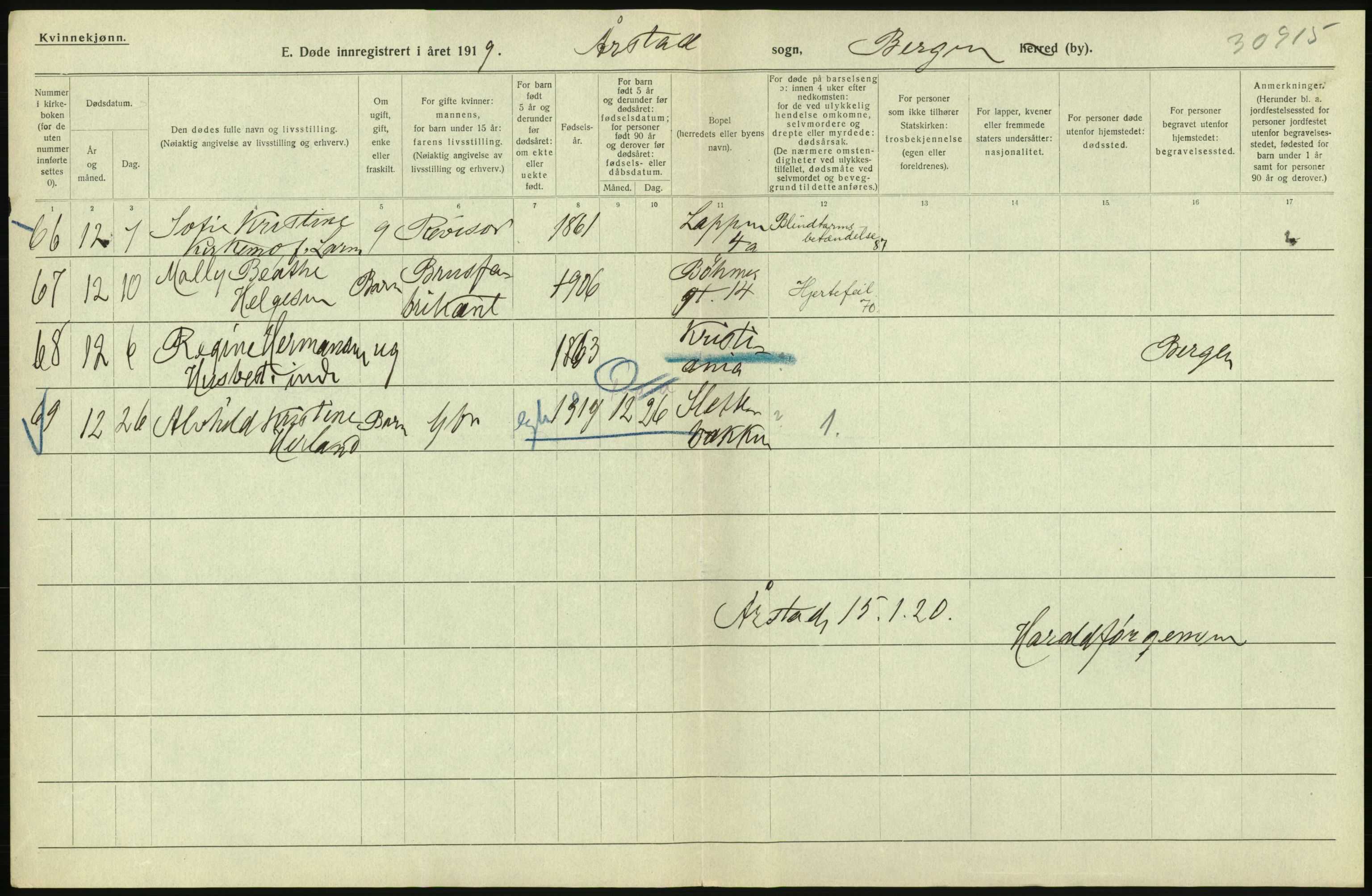 Statistisk sentralbyrå, Sosiodemografiske emner, Befolkning, RA/S-2228/D/Df/Dfb/Dfbi/L0035: Bergen: Gifte, døde, dødfødte., 1919, p. 454