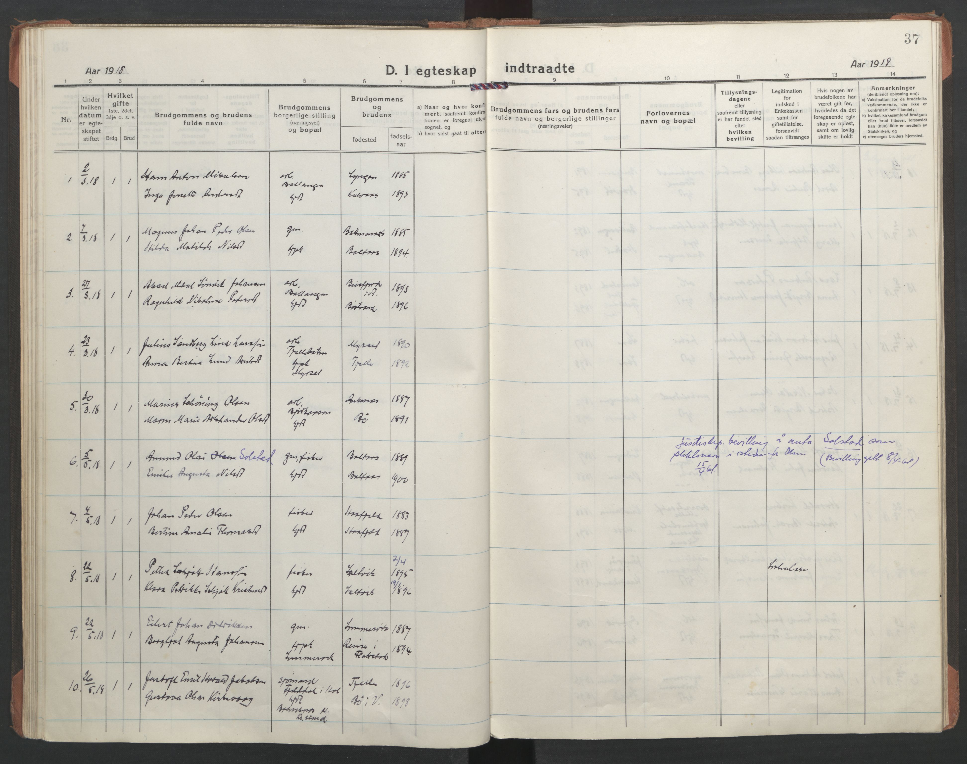 Ministerialprotokoller, klokkerbøker og fødselsregistre - Nordland, AV/SAT-A-1459/863/L0902: Parish register (official) no. 863A14, 1906-1937, p. 37