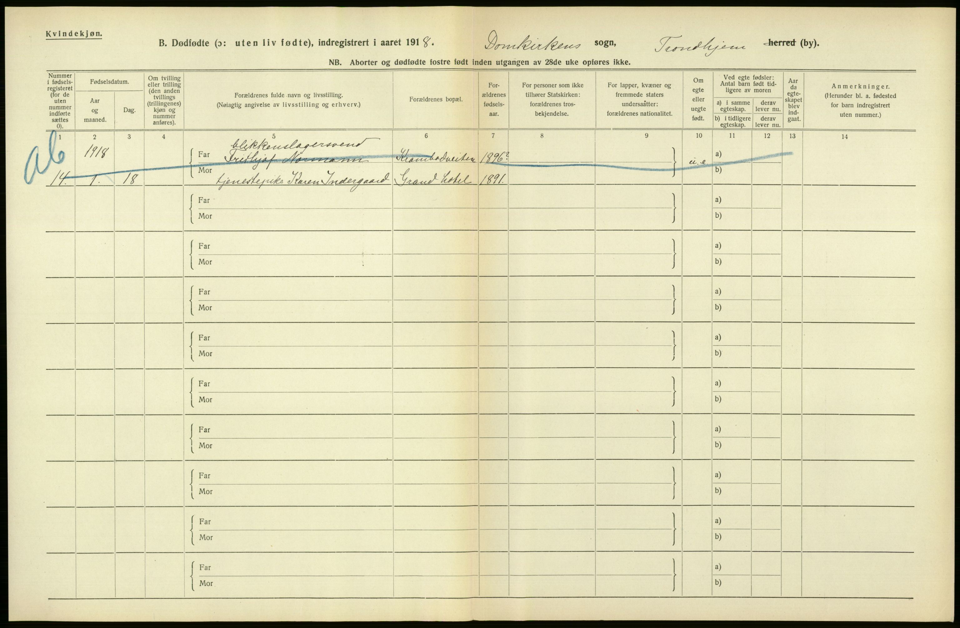 Statistisk sentralbyrå, Sosiodemografiske emner, Befolkning, AV/RA-S-2228/D/Df/Dfb/Dfbh/L0049: Trondheim: Døde, dødfødte., 1918, p. 366