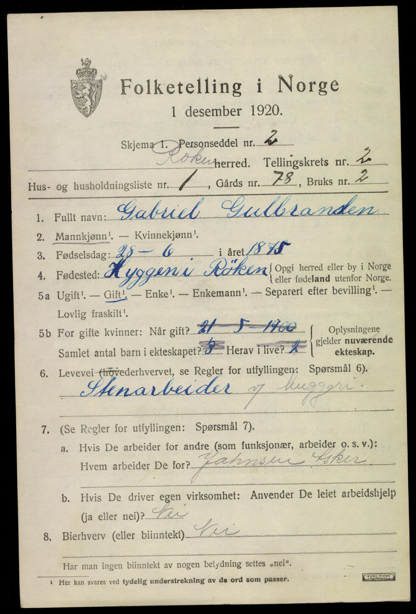 SAKO, 1920 census for Røyken, 1920, p. 2886