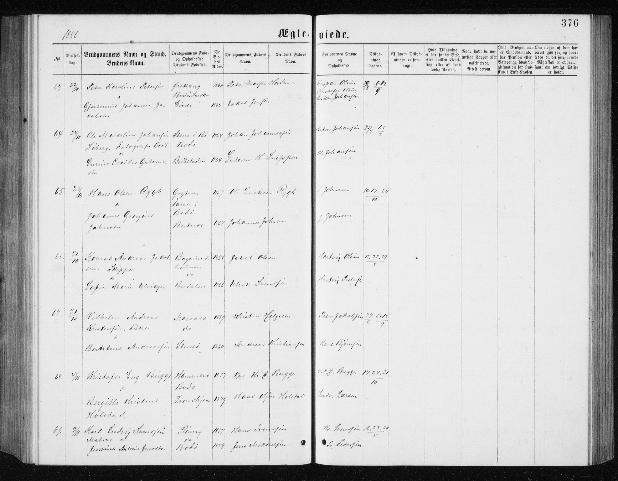 Ministerialprotokoller, klokkerbøker og fødselsregistre - Nordland, SAT/A-1459/801/L0031: Parish register (copy) no. 801C06, 1883-1887, p. 376