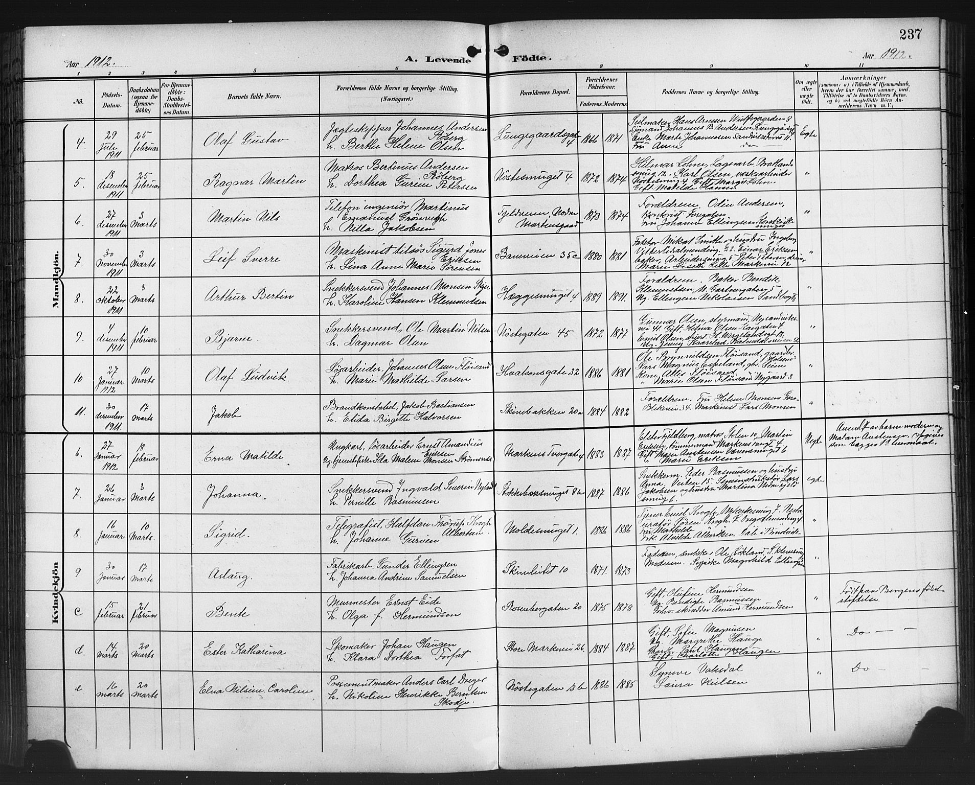 Domkirken sokneprestembete, SAB/A-74801/H/Hab/L0017: Parish register (copy) no. B 10, 1900-1915, p. 237