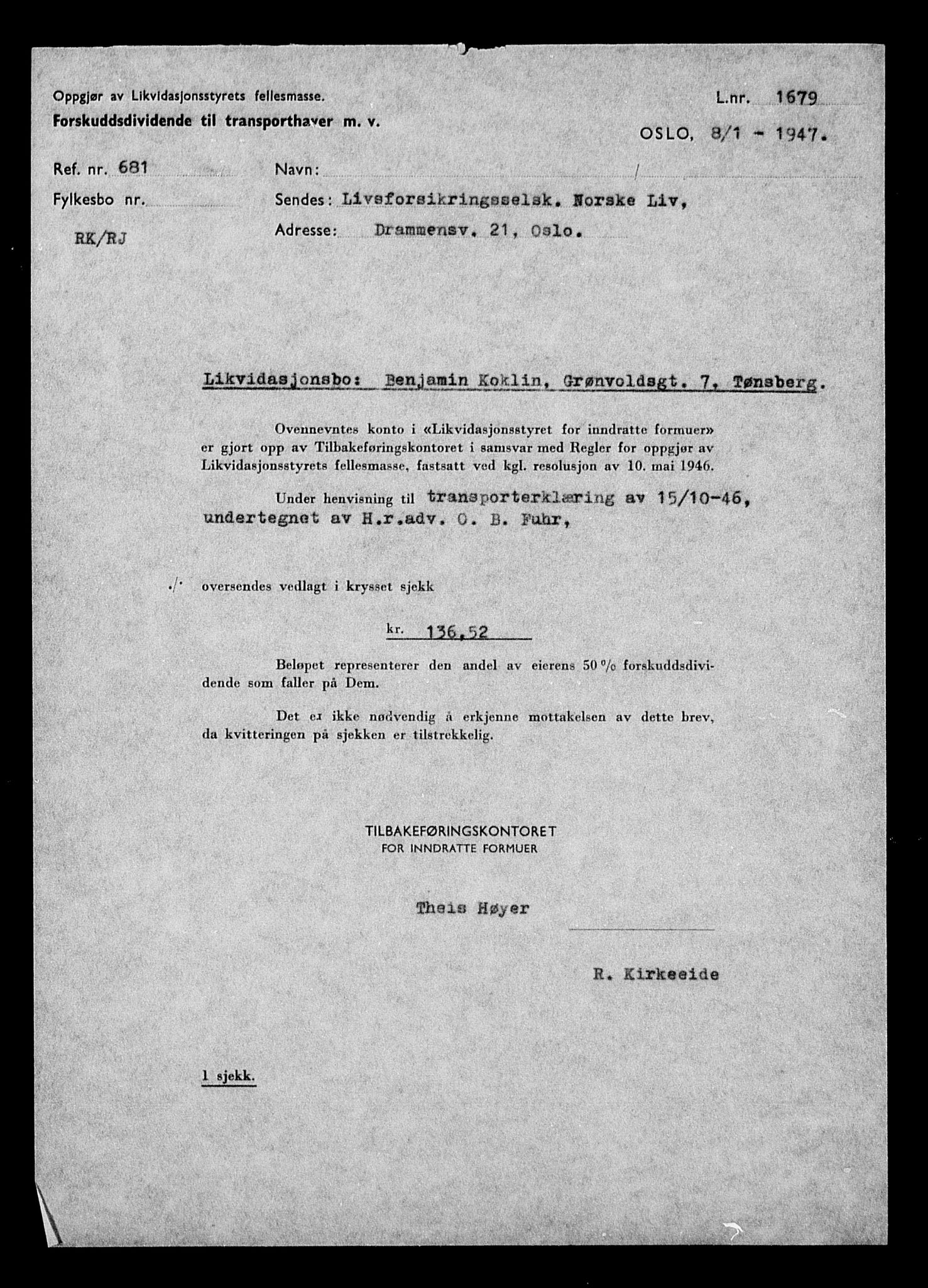 Justisdepartementet, Tilbakeføringskontoret for inndratte formuer, AV/RA-S-1564/H/Hc/Hcd/L1002: --, 1945-1947, p. 7