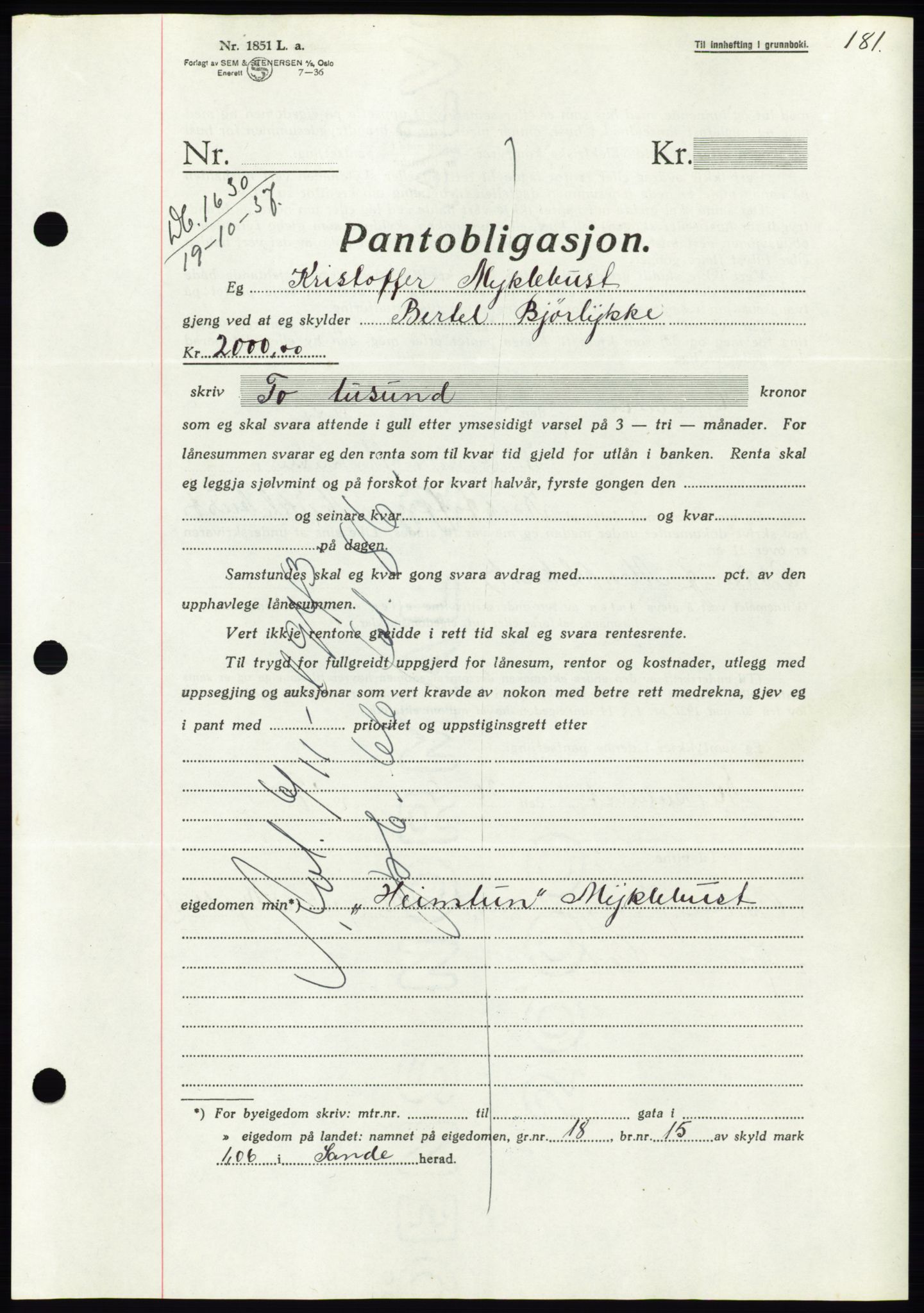 Søre Sunnmøre sorenskriveri, AV/SAT-A-4122/1/2/2C/L0064: Mortgage book no. 58, 1937-1938, Diary no: : 1630/1937