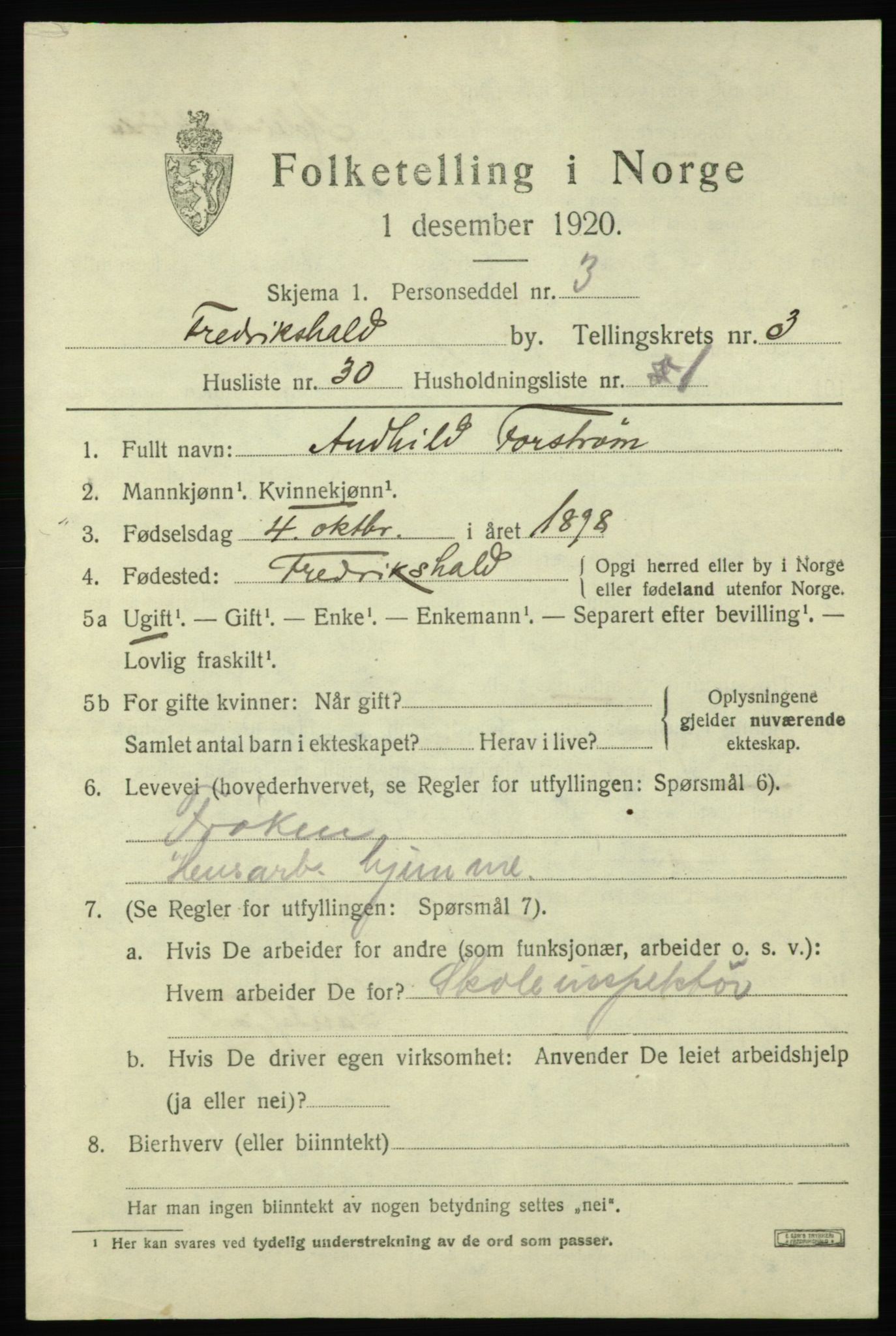 SAO, 1920 census for Fredrikshald, 1920, p. 11096