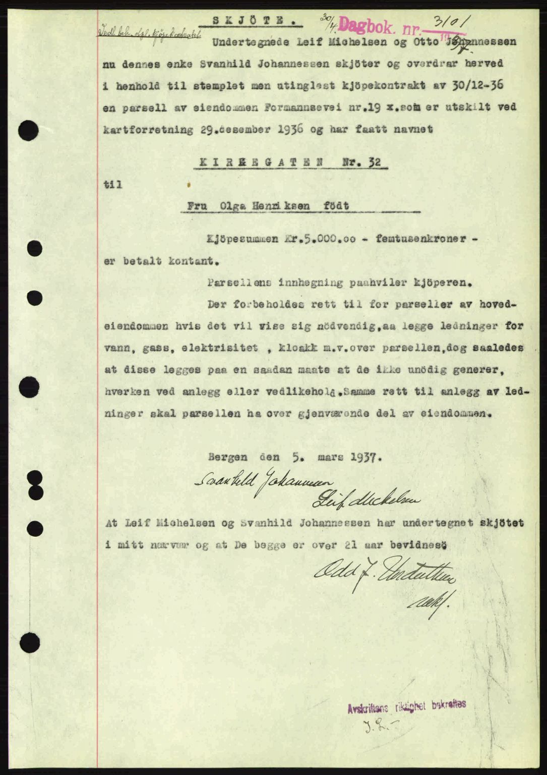 Byfogd og Byskriver i Bergen, SAB/A-3401/03/03Bc/L0004: Mortgage book no. A3-4, 1936-1937, Diary no: : 3101/1937