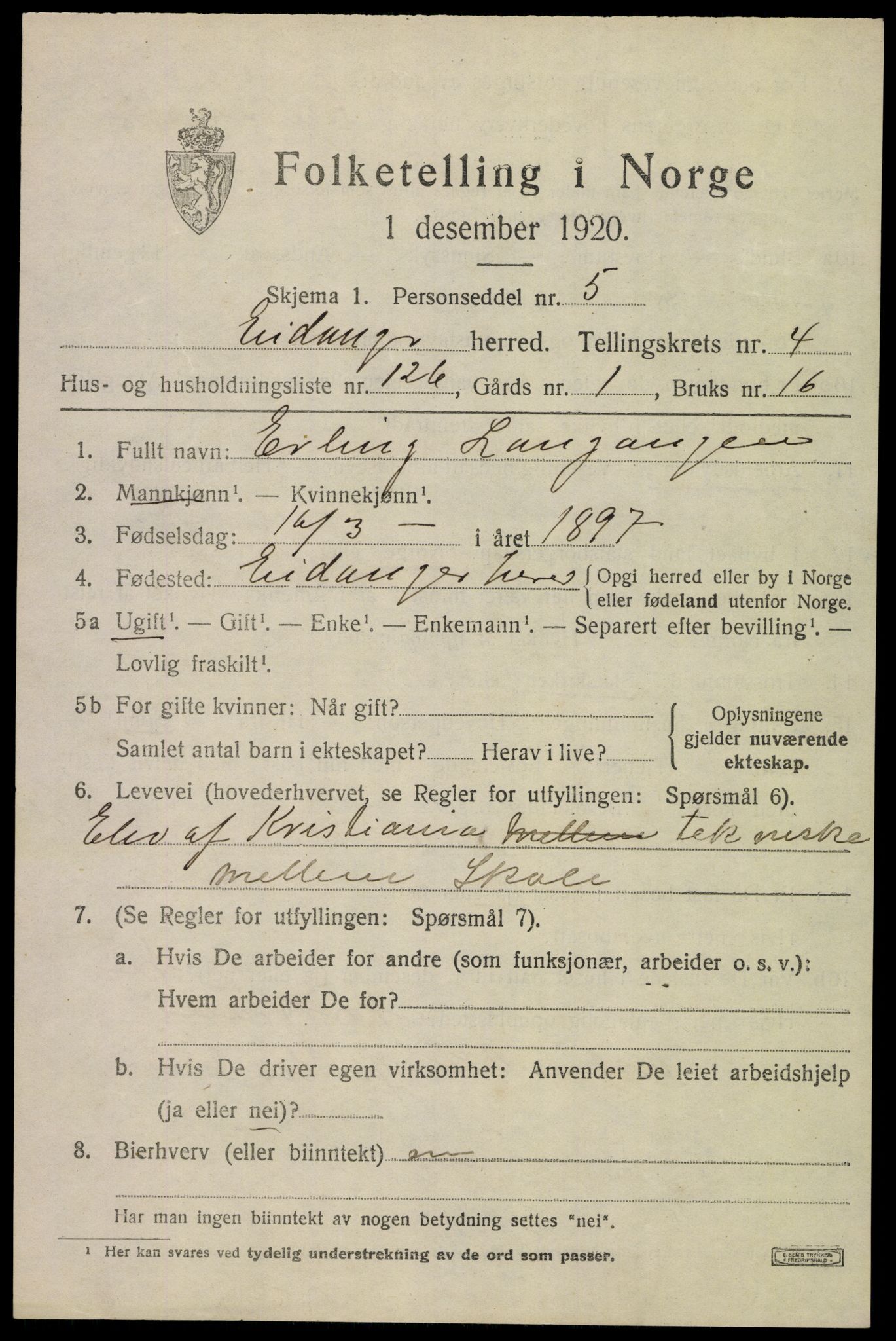 SAKO, 1920 census for Eidanger, 1920, p. 5002