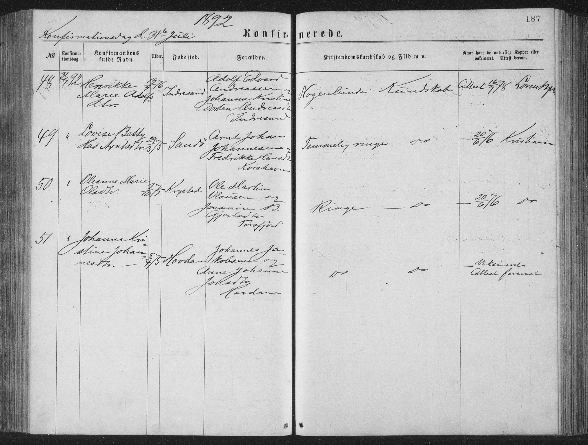 Ministerialprotokoller, klokkerbøker og fødselsregistre - Nordland, AV/SAT-A-1459/885/L1213: Parish register (copy) no. 885C02, 1874-1892, p. 187