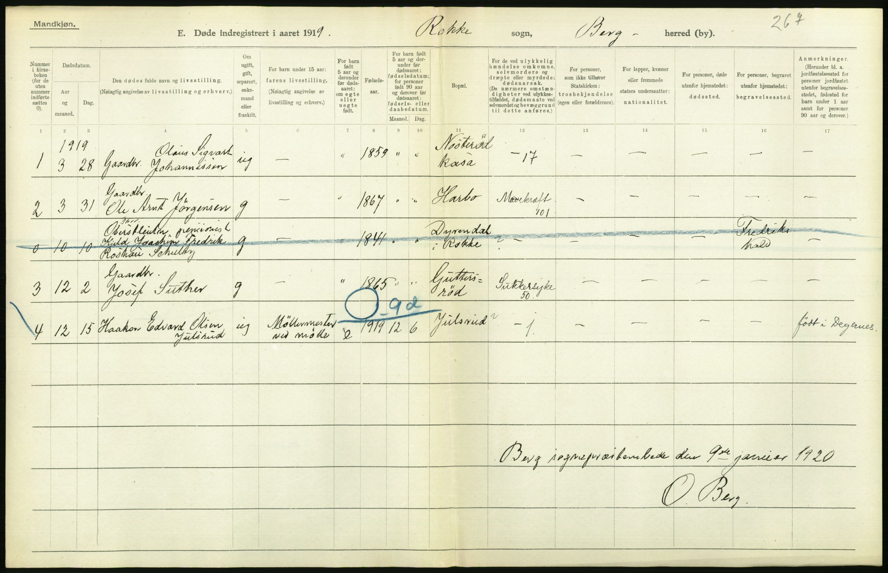 Statistisk sentralbyrå, Sosiodemografiske emner, Befolkning, AV/RA-S-2228/D/Df/Dfb/Dfbi/L0003: Østfold fylke: Døde. Bygder og byer., 1919