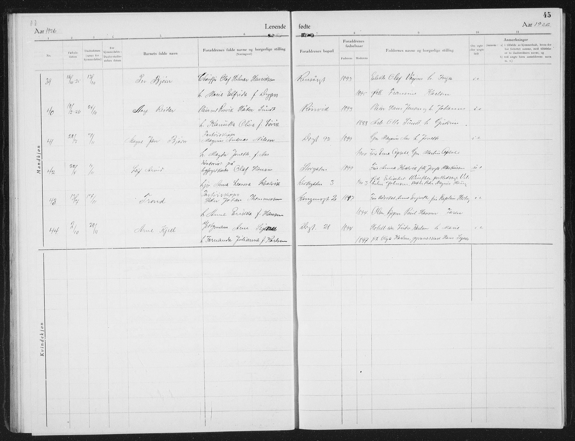 Ministerialprotokoller, klokkerbøker og fødselsregistre - Nordland, AV/SAT-A-1459/801/L0037: Parish register (copy) no. 801C12, 1921-1937, p. 45