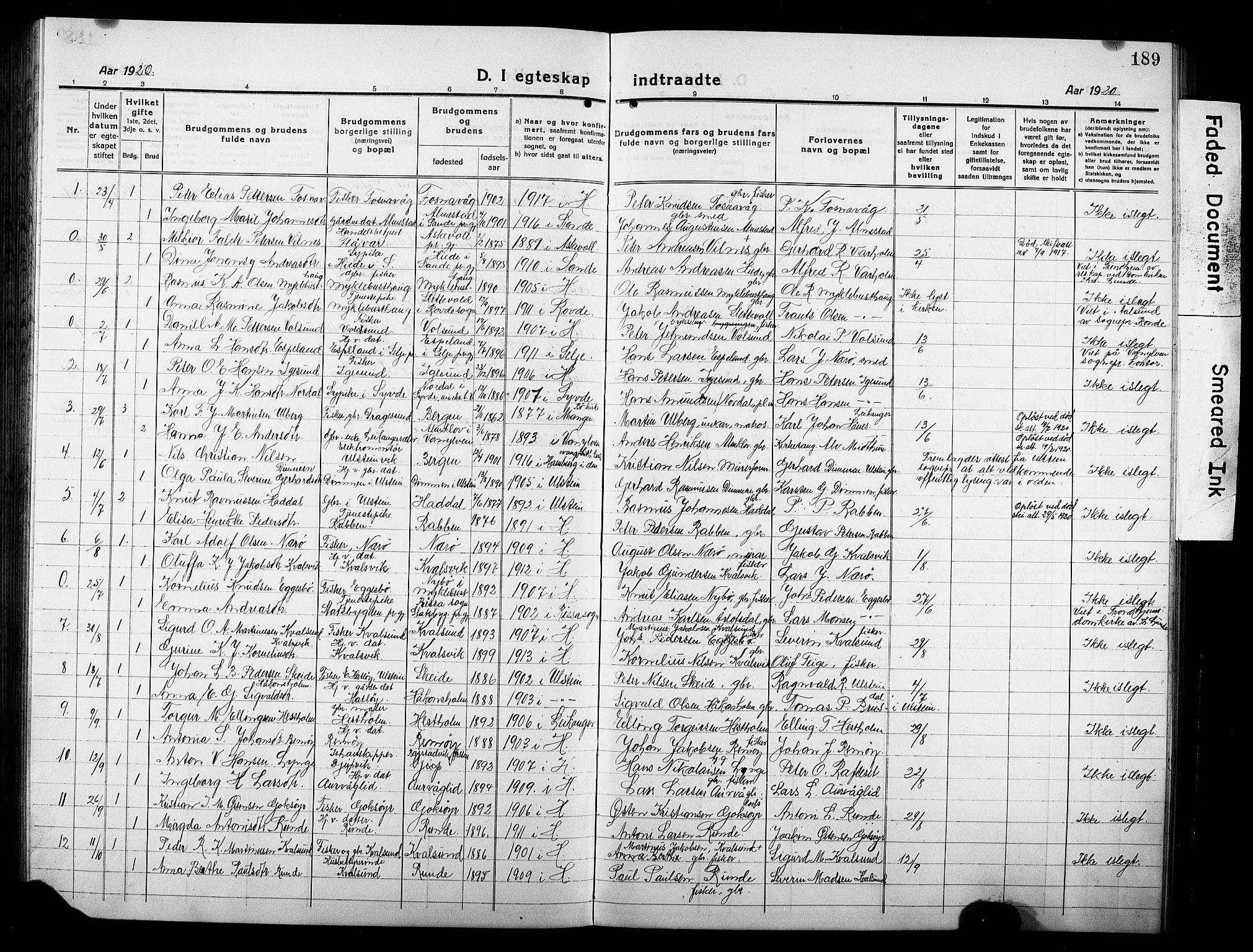 Ministerialprotokoller, klokkerbøker og fødselsregistre - Møre og Romsdal, AV/SAT-A-1454/507/L0084: Parish register (copy) no. 507C07, 1919-1932, p. 189