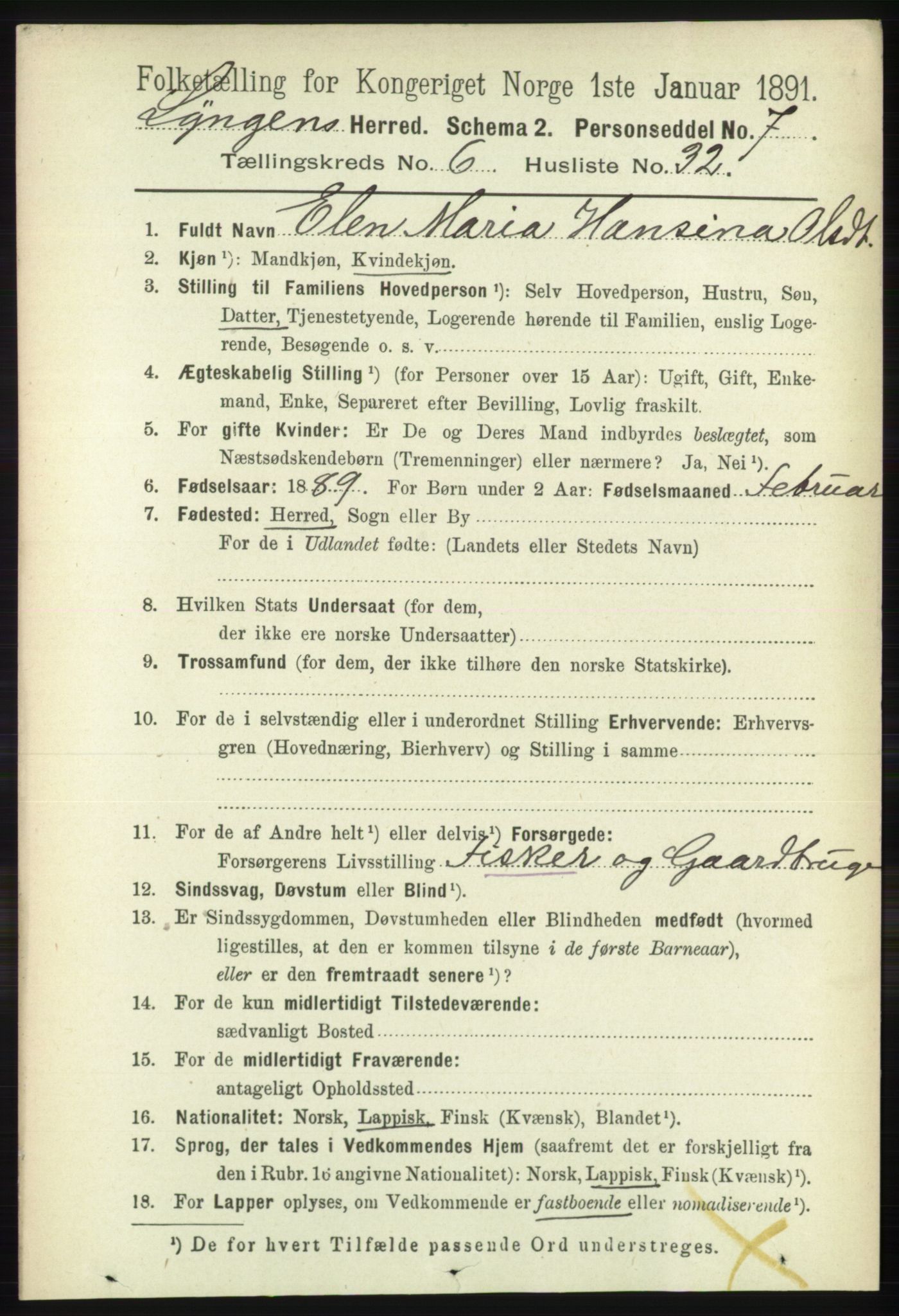 RA, 1891 census for 1938 Lyngen, 1891, p. 5485