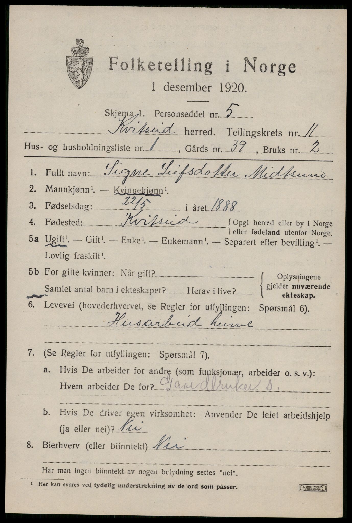 SAKO, 1920 census for Kviteseid, 1920, p. 5243