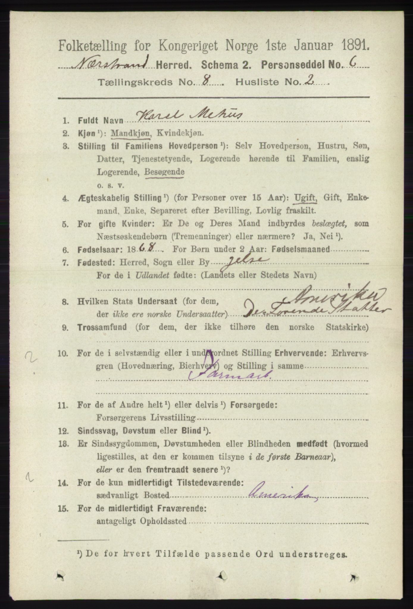 RA, 1891 census for 1139 Nedstrand, 1891, p. 1448