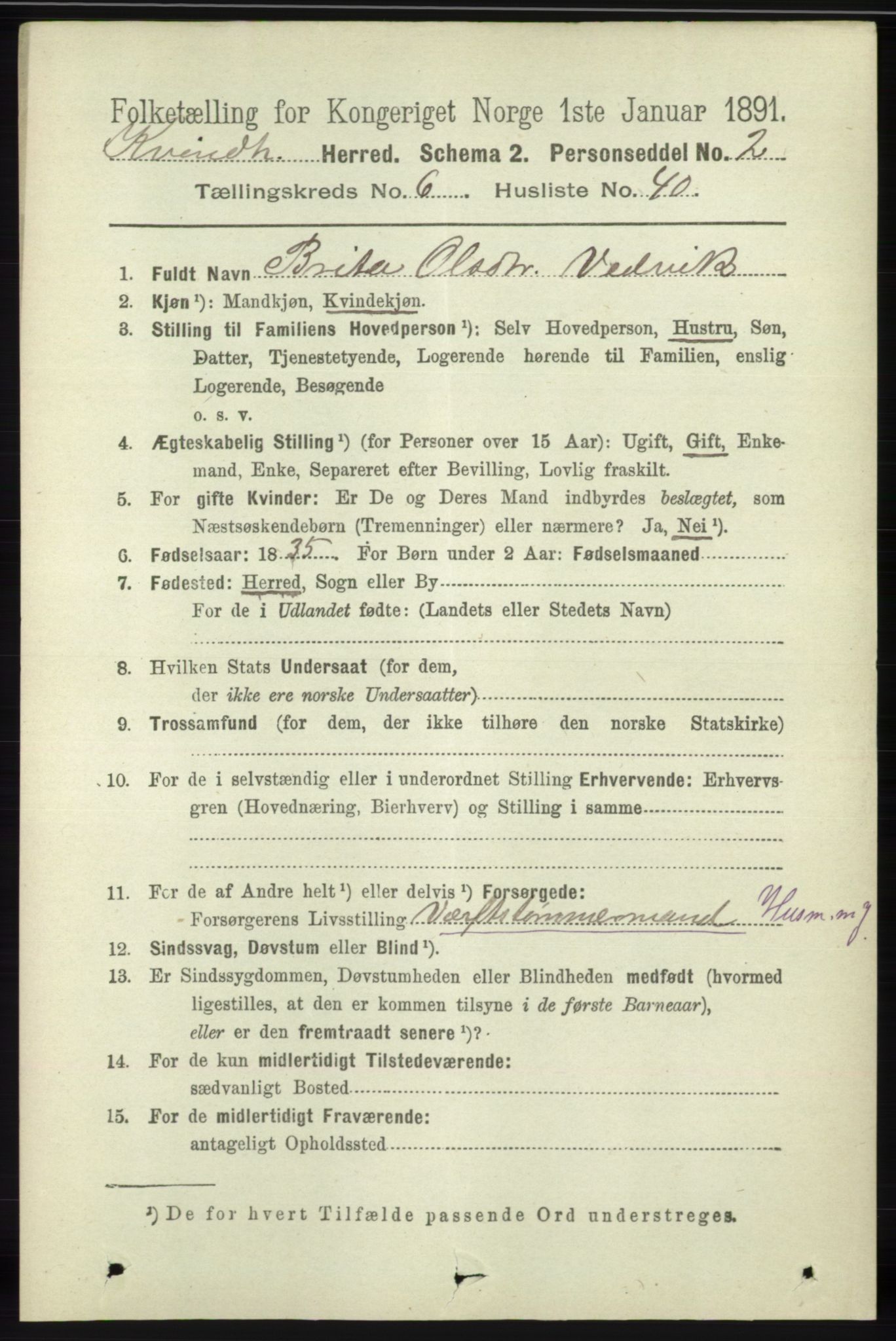 RA, 1891 census for 1224 Kvinnherad, 1891, p. 2372