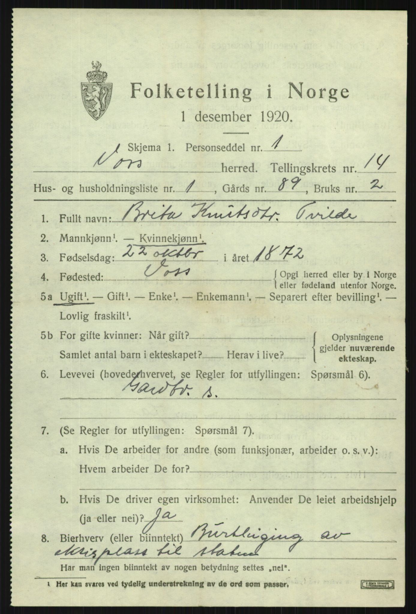 SAB, 1920 census for Voss, 1920, p. 11693