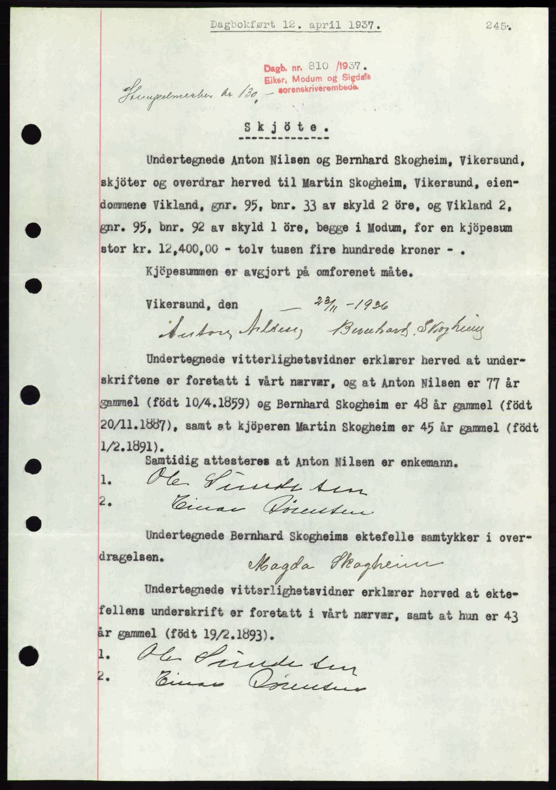 Eiker, Modum og Sigdal sorenskriveri, SAKO/A-123/G/Ga/Gab/L0035: Mortgage book no. A5, 1937-1937, Diary no: : 810/1937