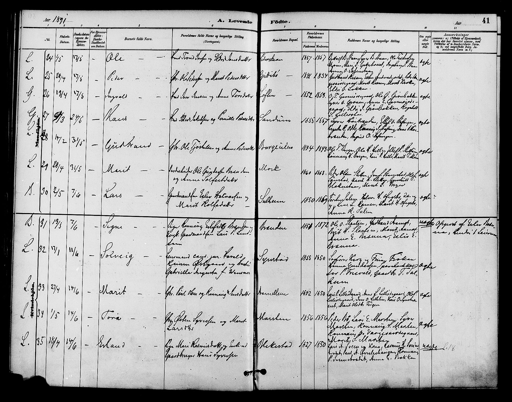 Lom prestekontor, AV/SAH-PREST-070/K/L0008: Parish register (official) no. 8, 1885-1898, p. 41